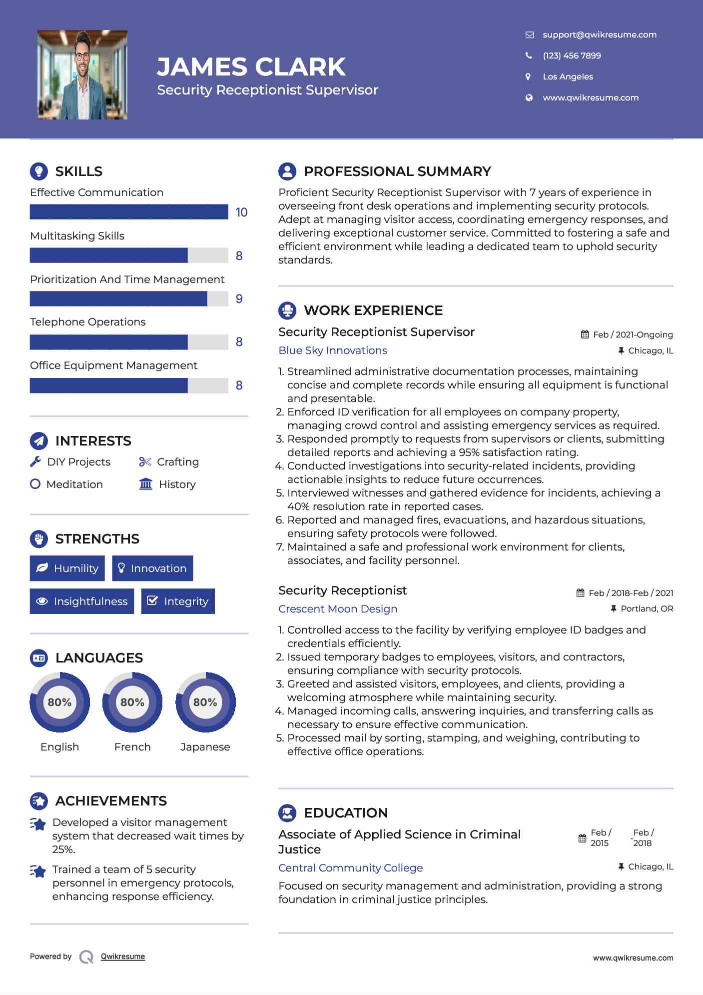 Security Receptionist Supervisor Resume Sample