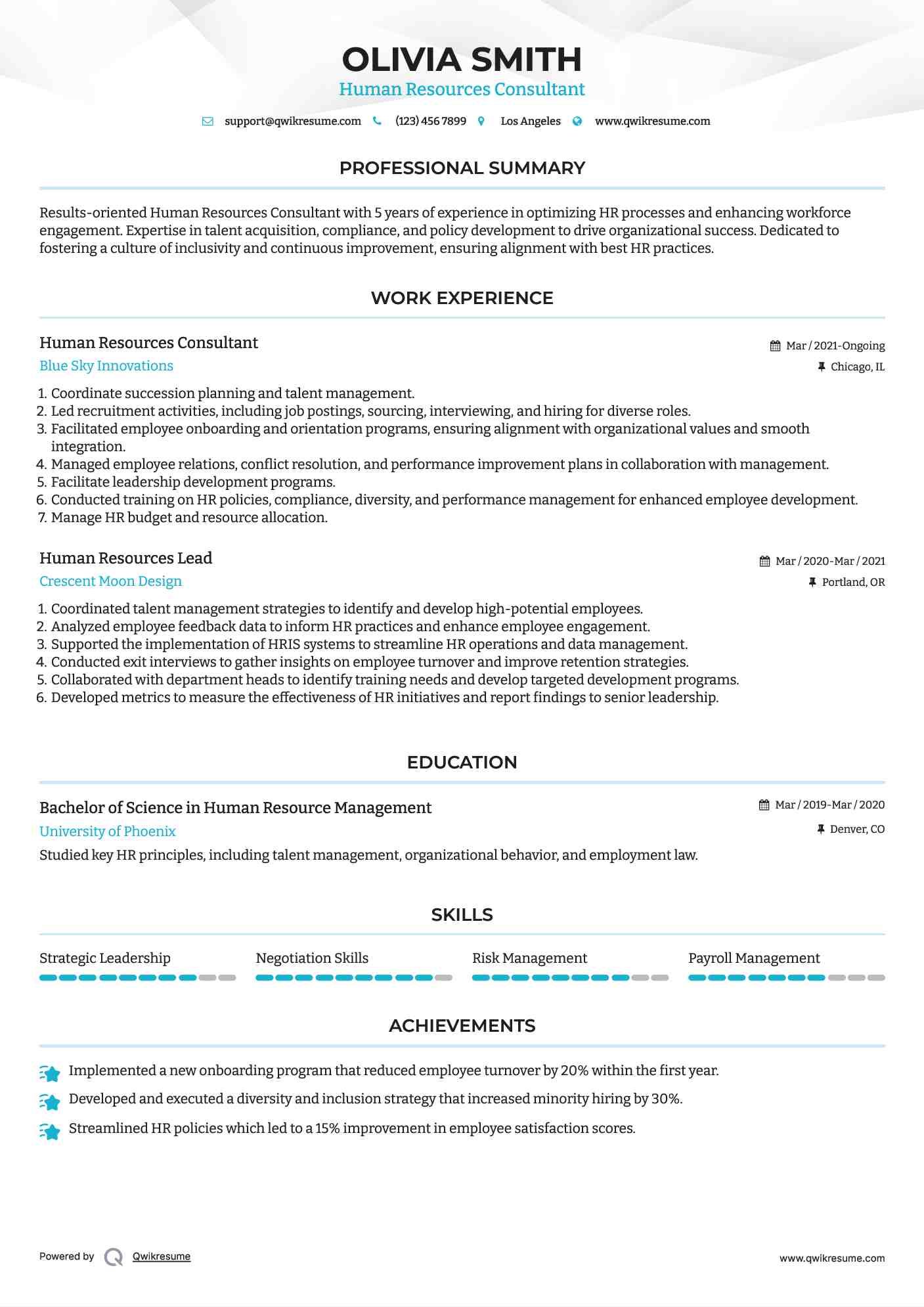 Human Resources Consultant Resume Example
