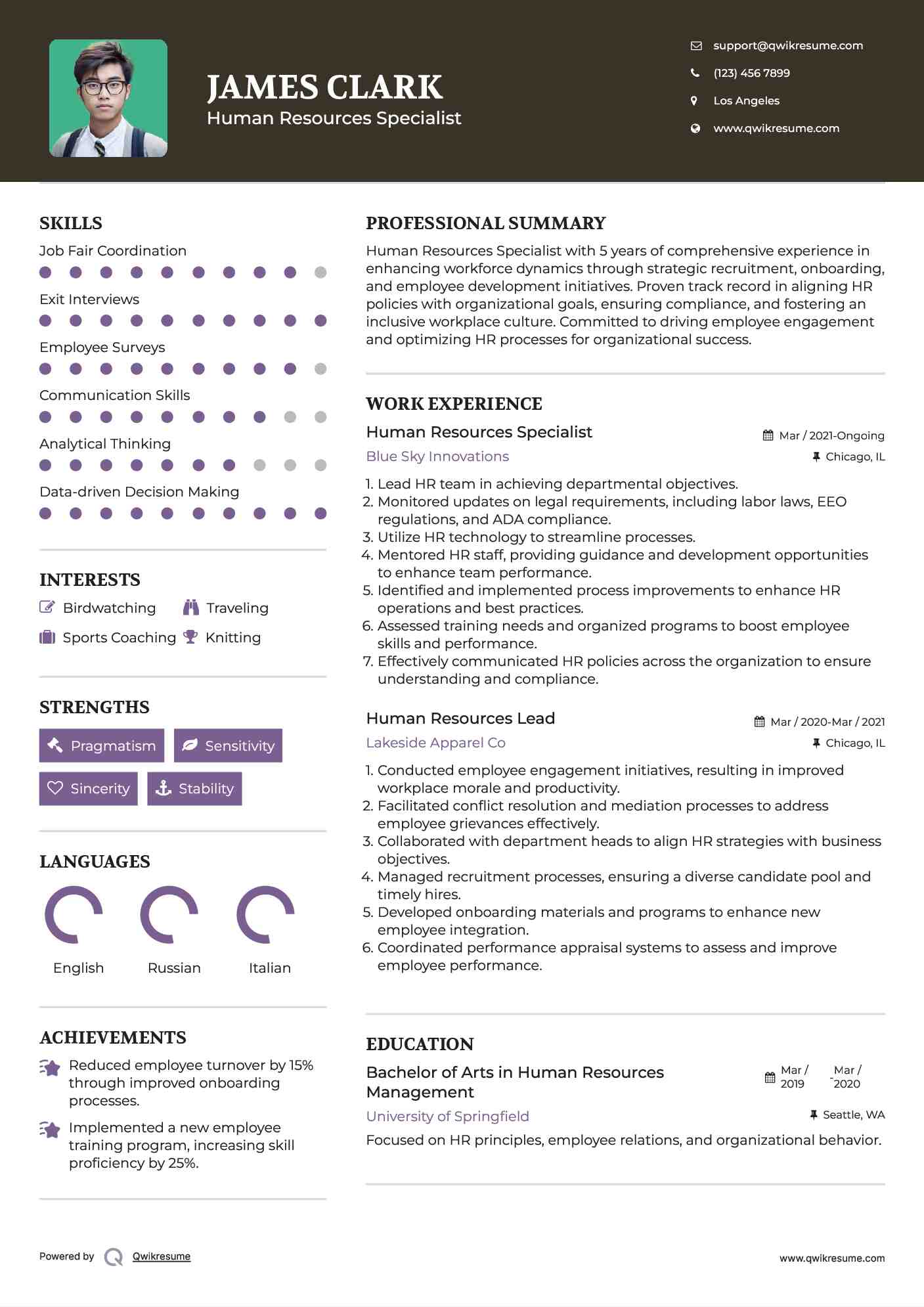 Human Resources Specialist Resume Model