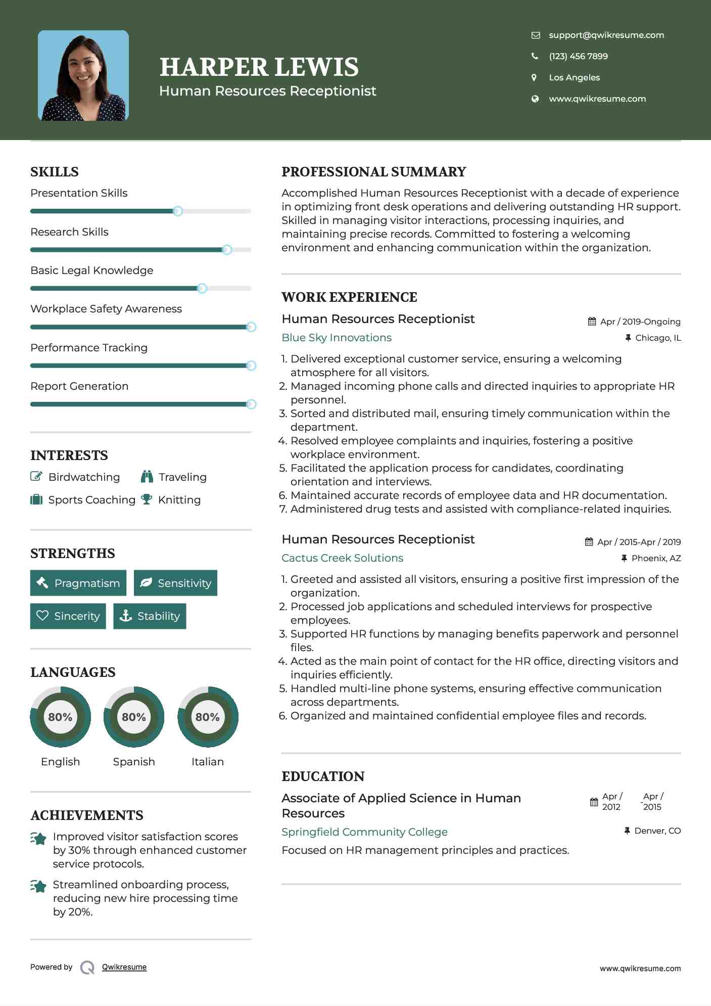 Human Resources Receptionist Resume Example