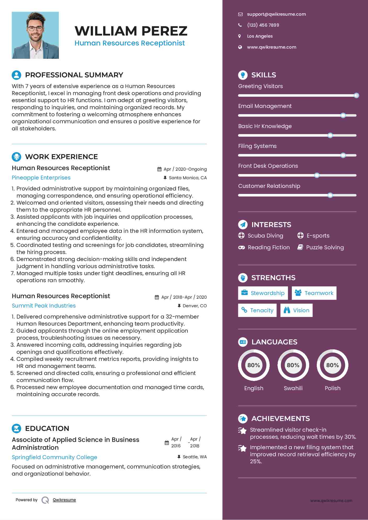 Human Resources Receptionist Resume Template