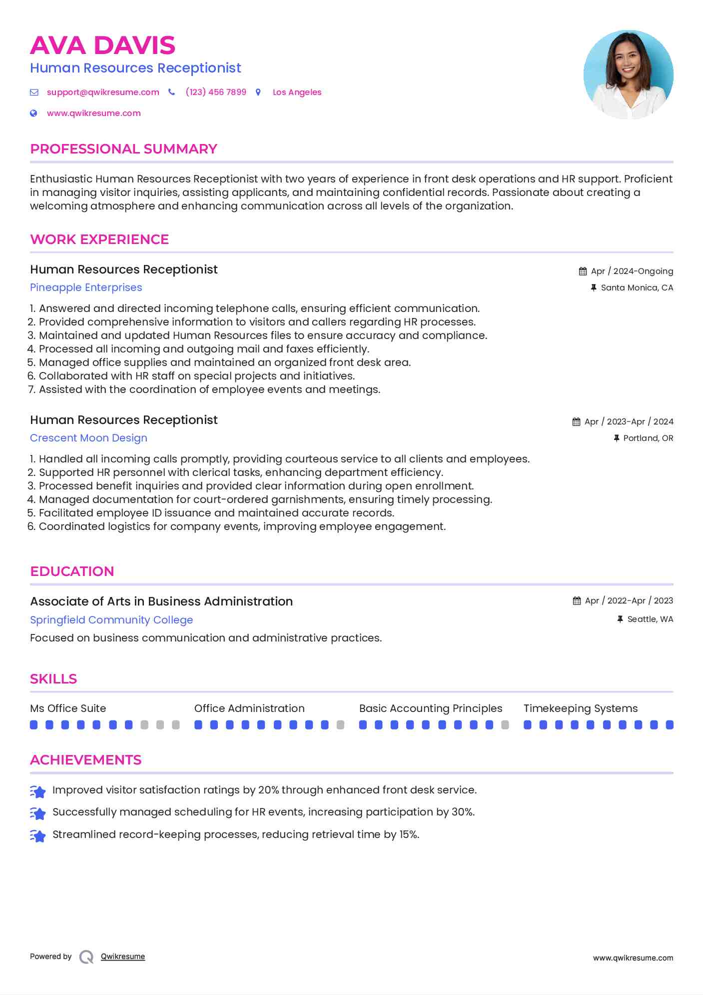 Human Resources Receptionist Resume Sample