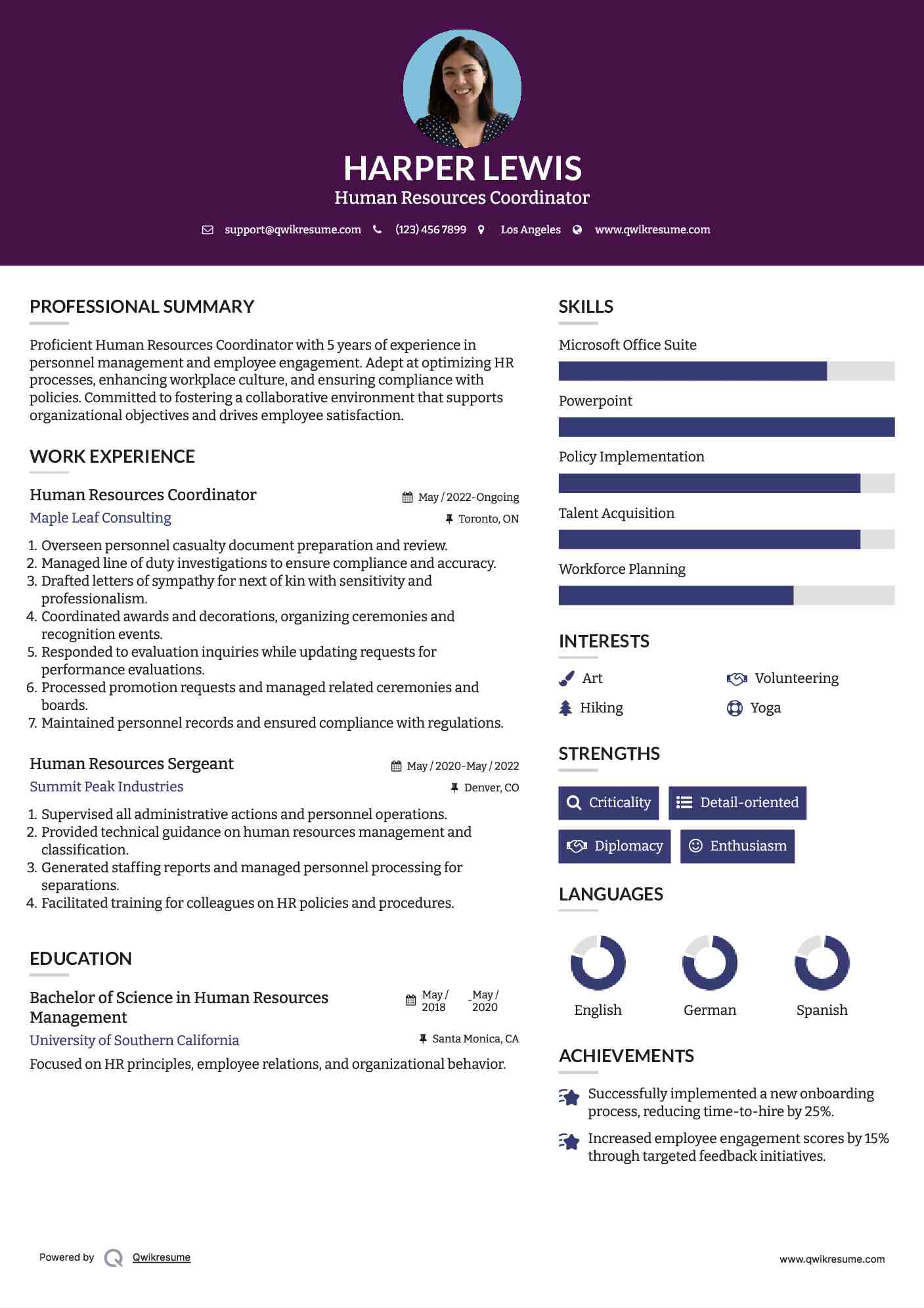 Human Resources Coordinator Resume Sample