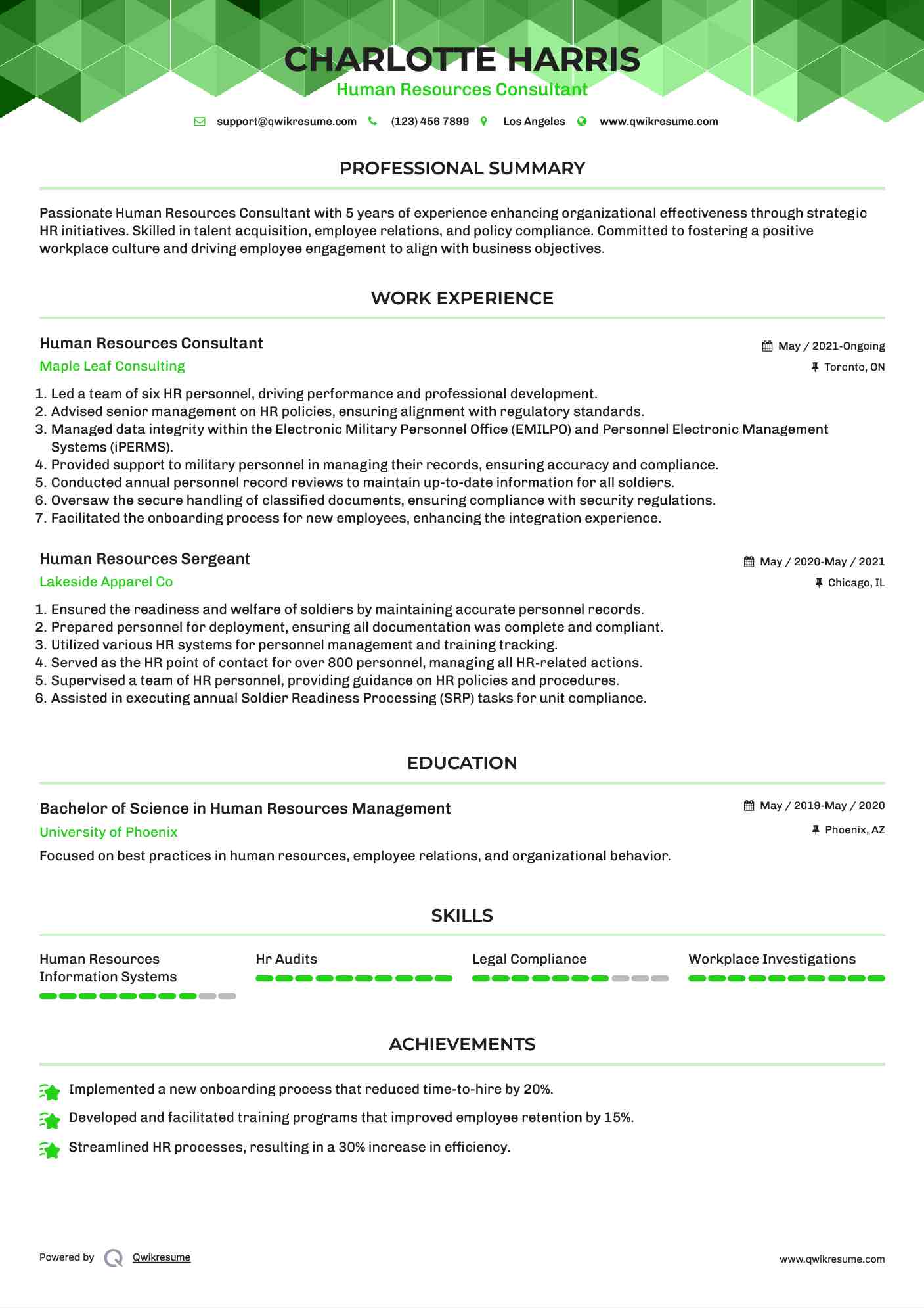 Human Resources Consultant Resume Example
