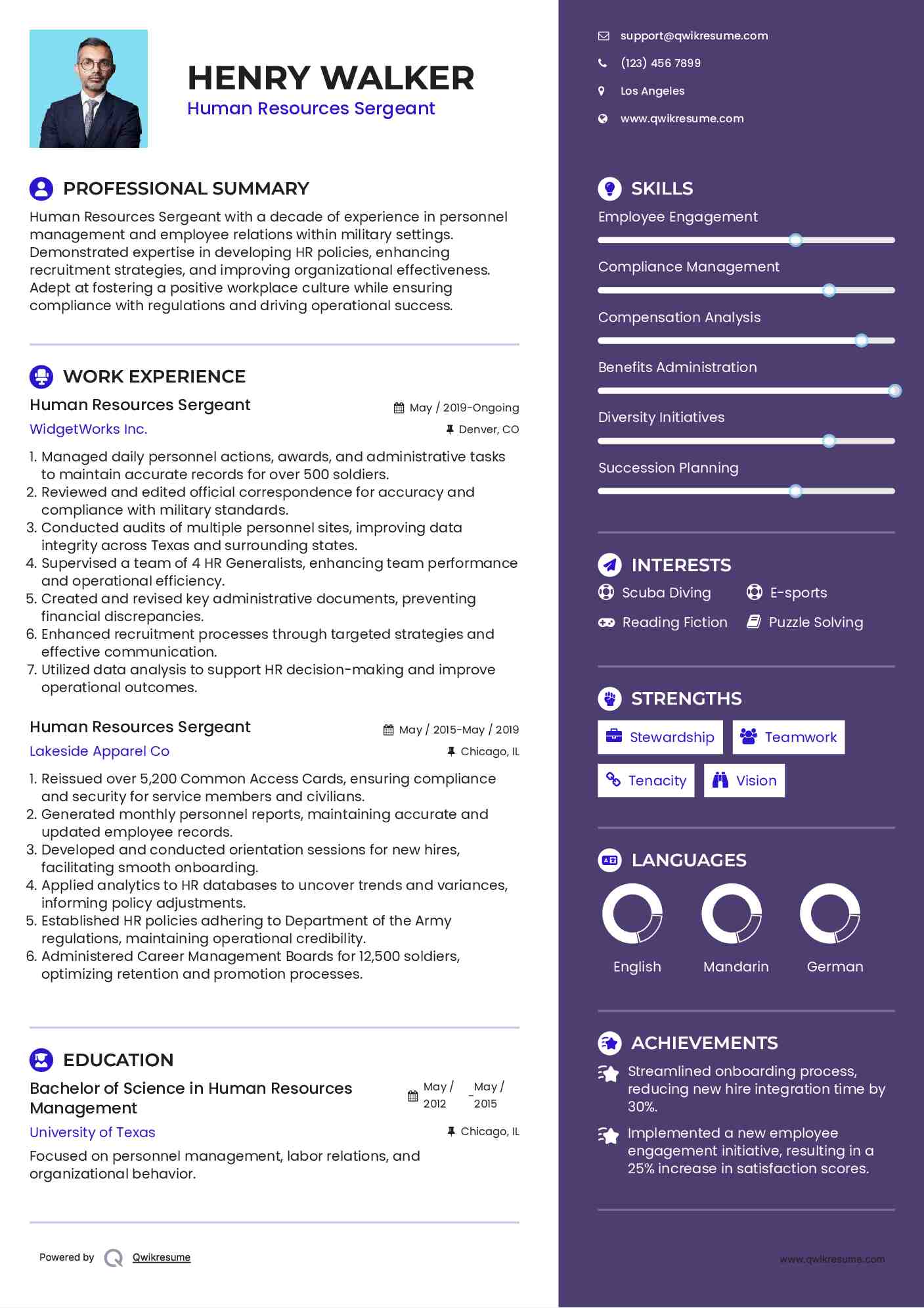 Human Resources Sergeant Resume Model