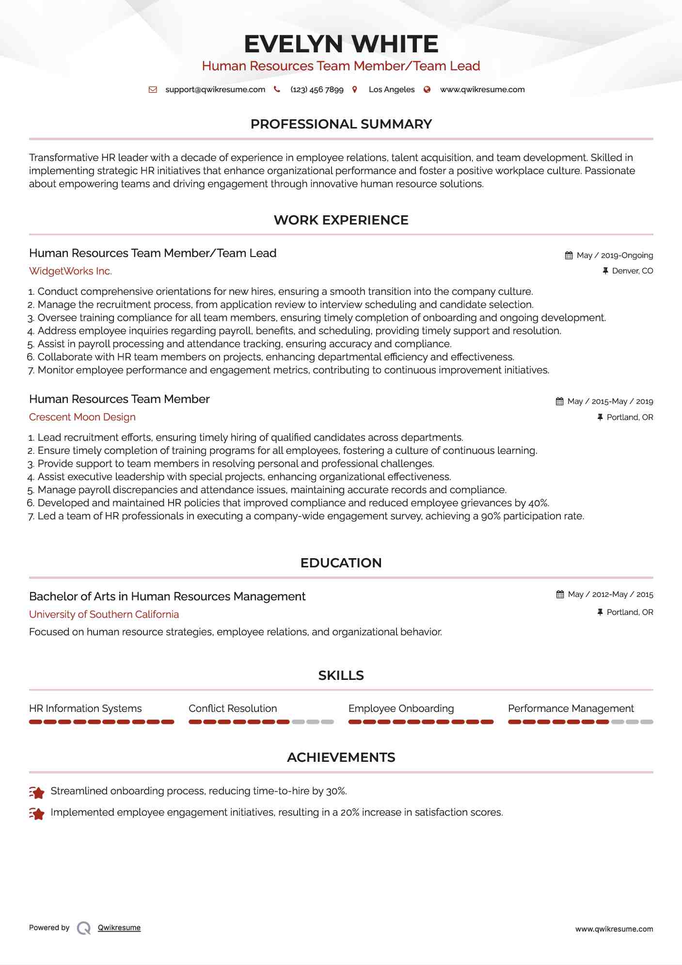 Human Resources Team Member/Team Lead Resume Format