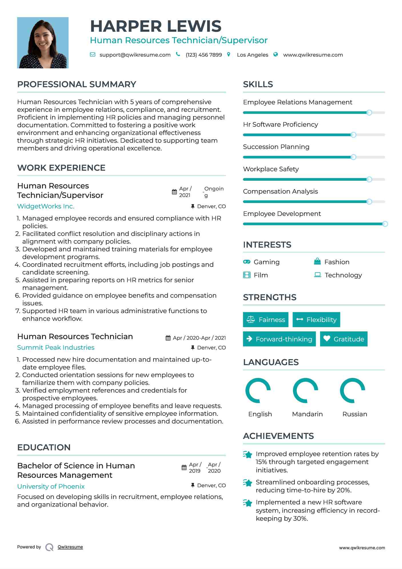 Human Resources Technician/Supervisor Resume Model