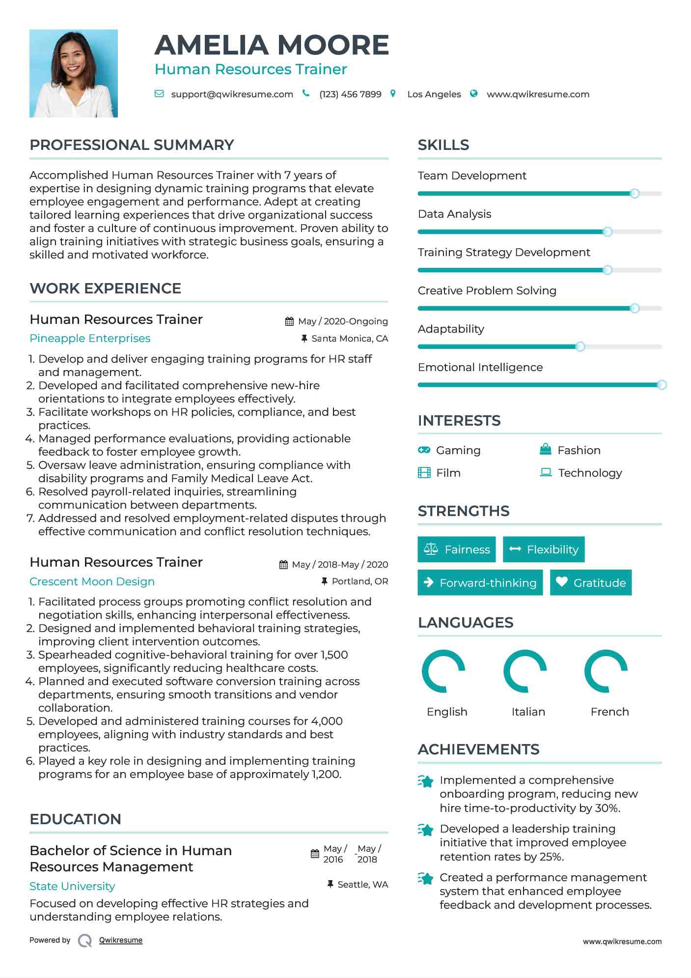 Human Resources Trainer Resume Sample