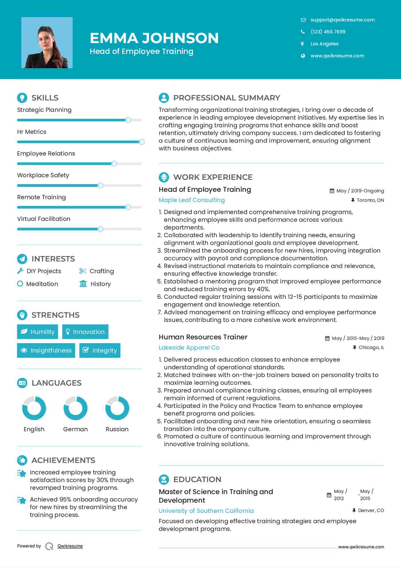 Head of Employee Training Resume Example