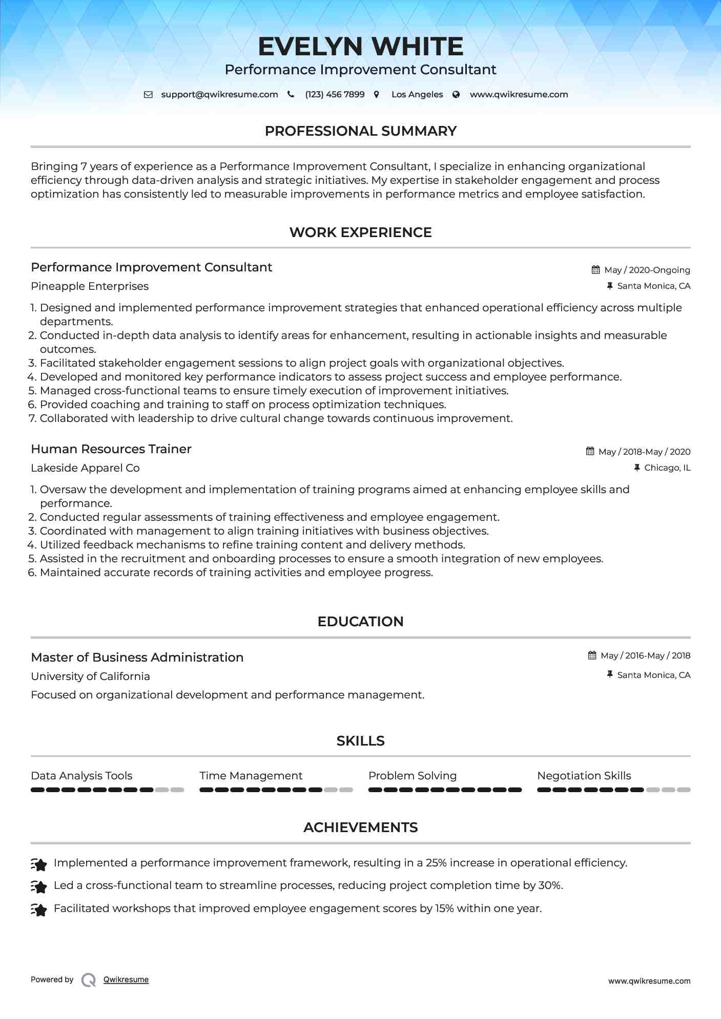 Performance Improvement Consultant Resume Model