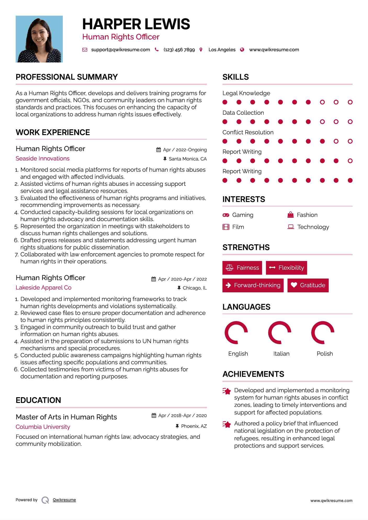 Human Rights Officer Resume Example