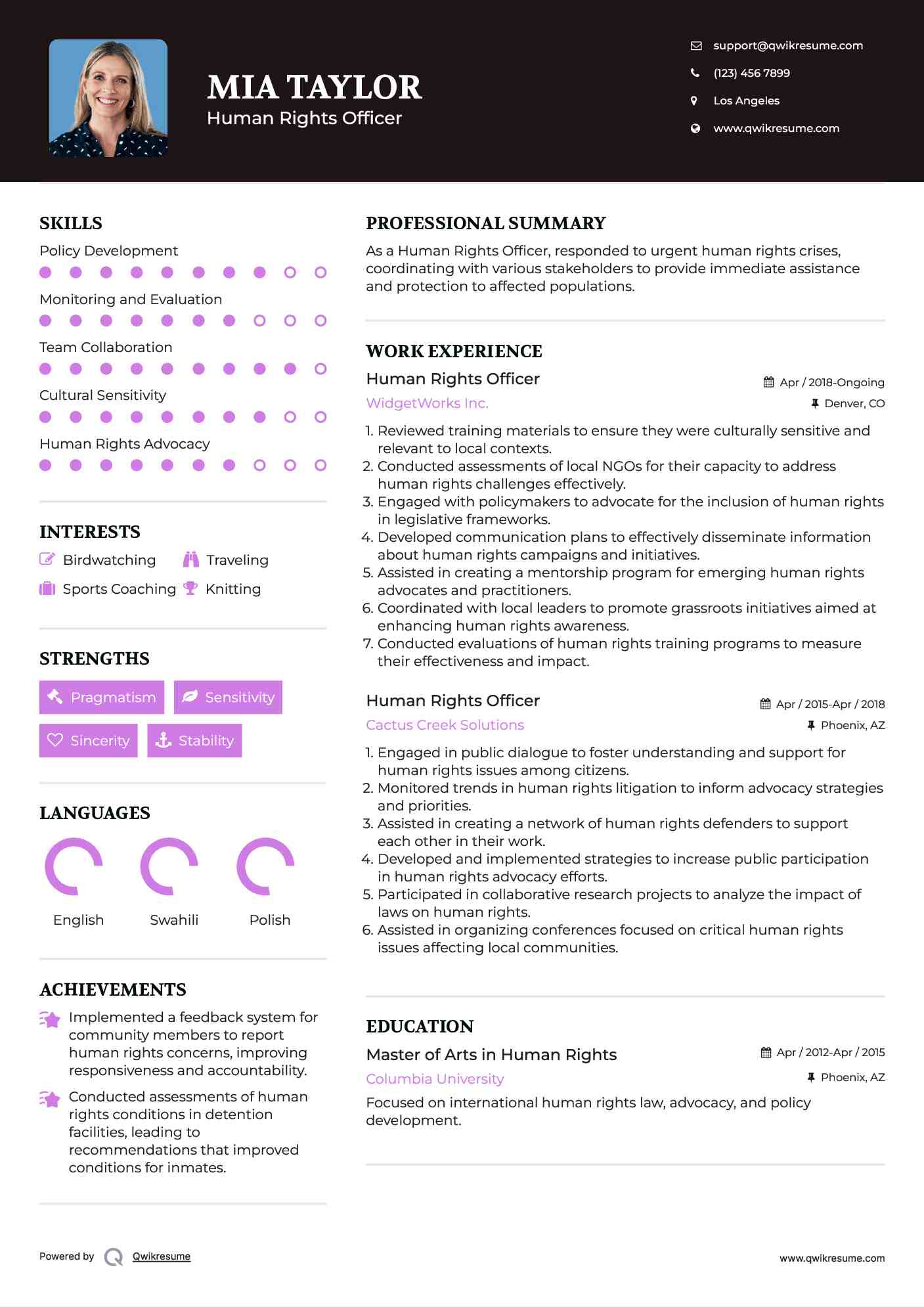 Human Rights Officer Resume Format