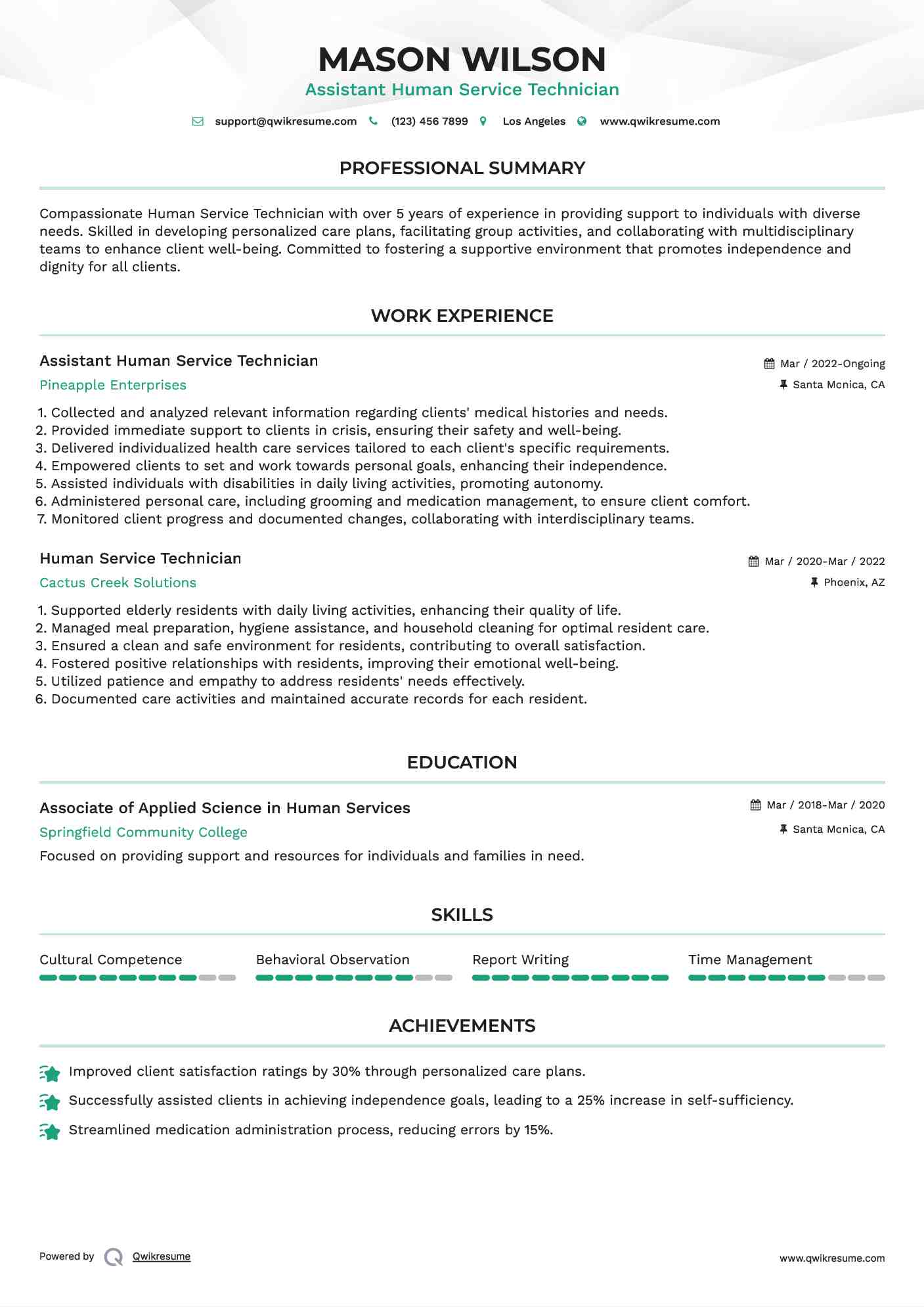 Assistant Human Service Technician Resume Sample