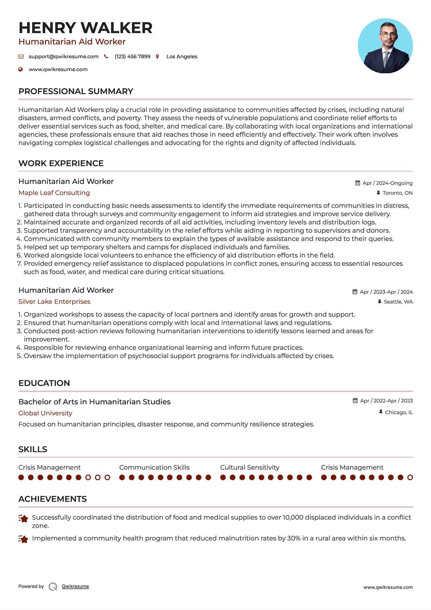 Humanitarian Aid Worker Resume Sample