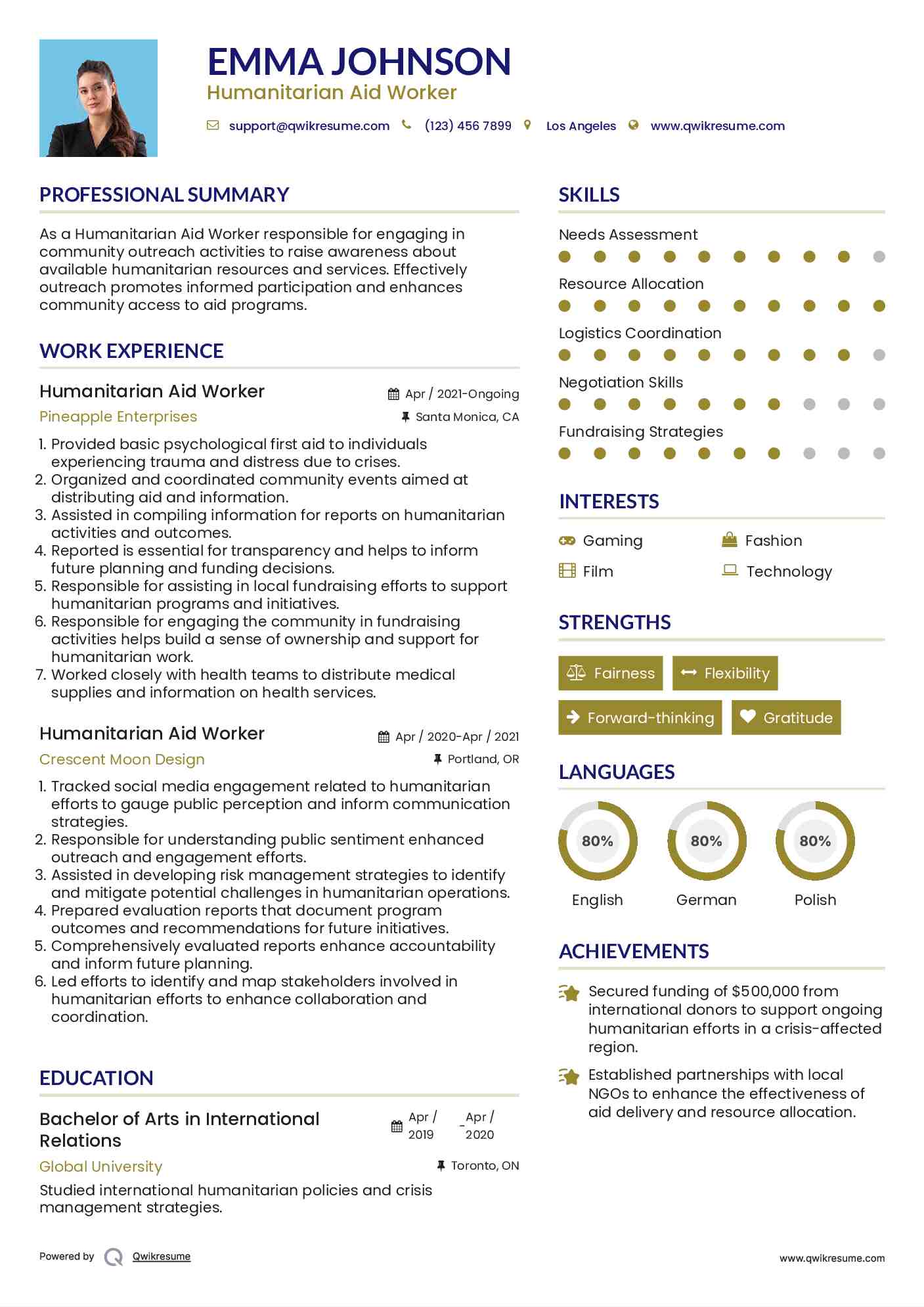 Humanitarian Aid Worker Resume Sample
