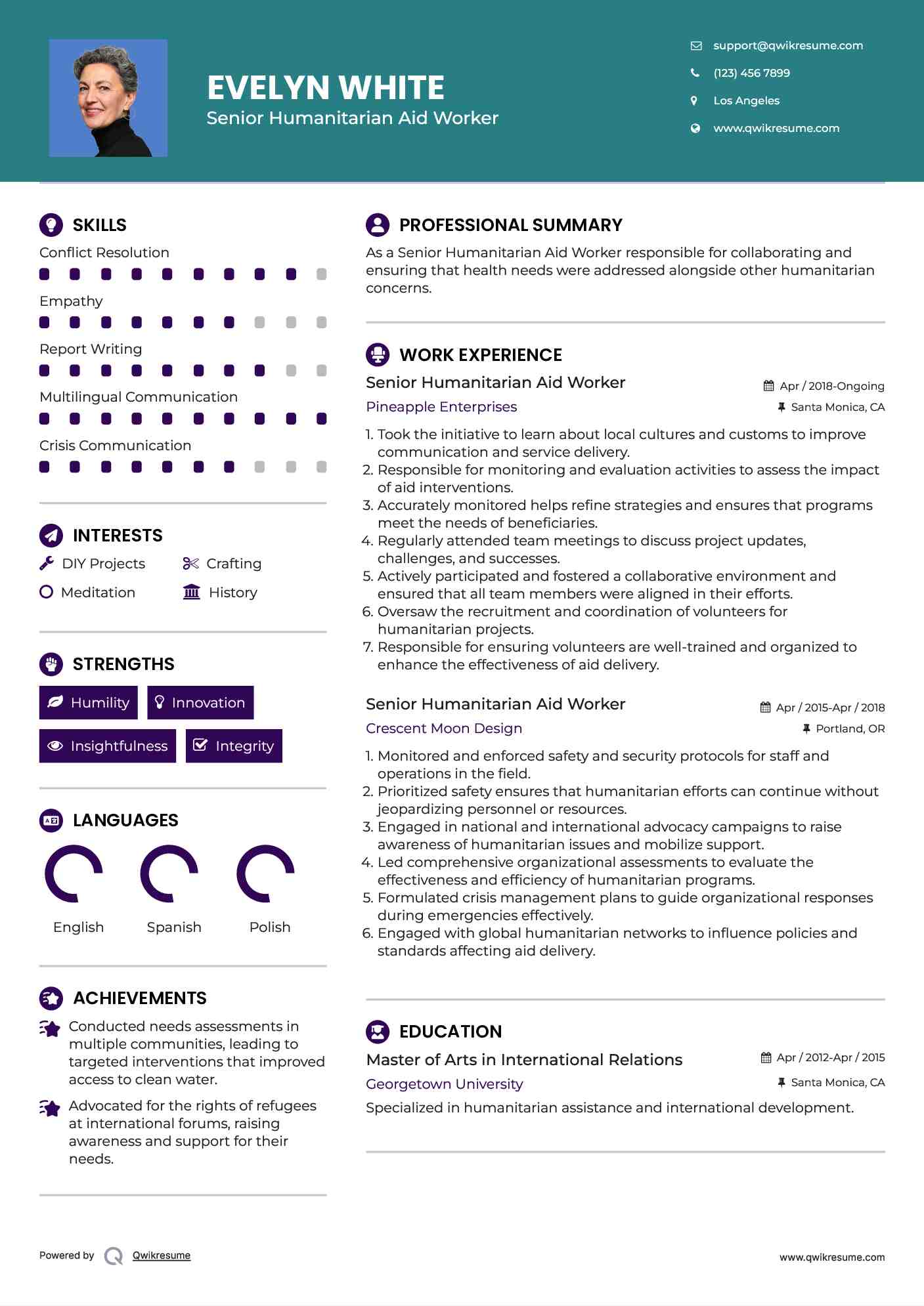 Senior Humanitarian Aid Worker Resume Example