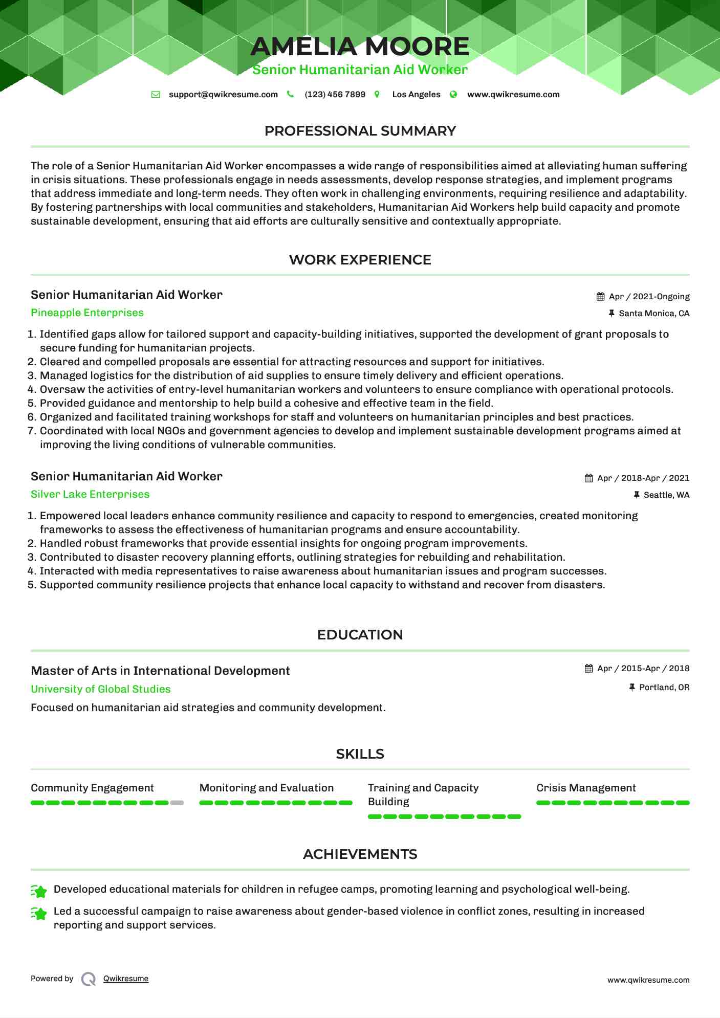 Senior Humanitarian Aid Worker Resume Example