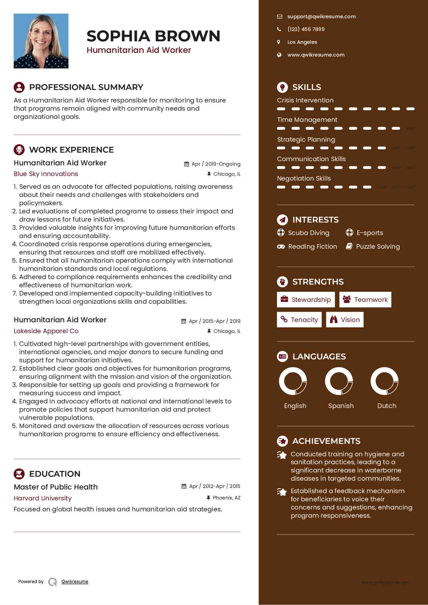 Humanitarian Aid Worker Resume Sample