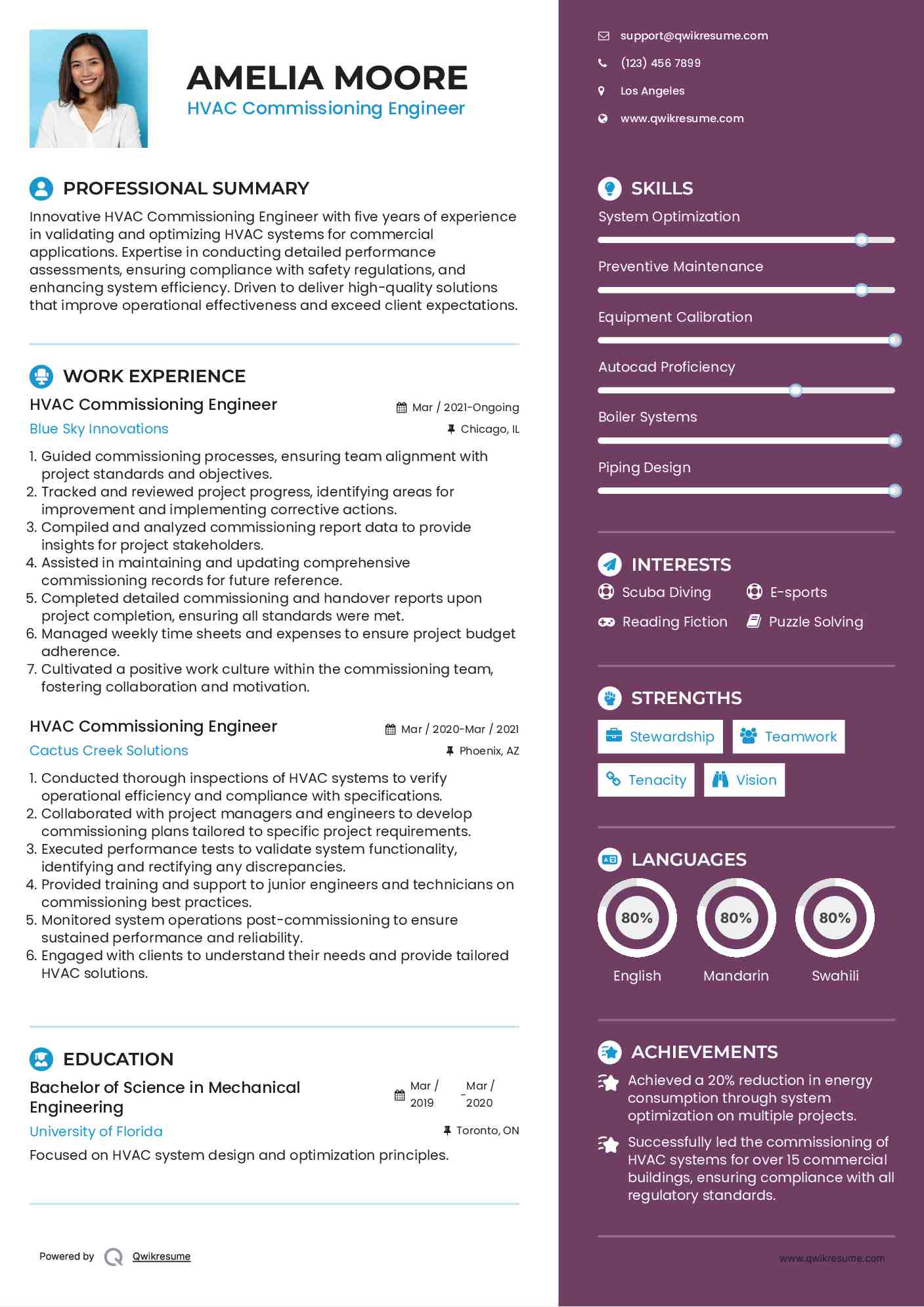 HVAC Commissioning Engineer Resume Model