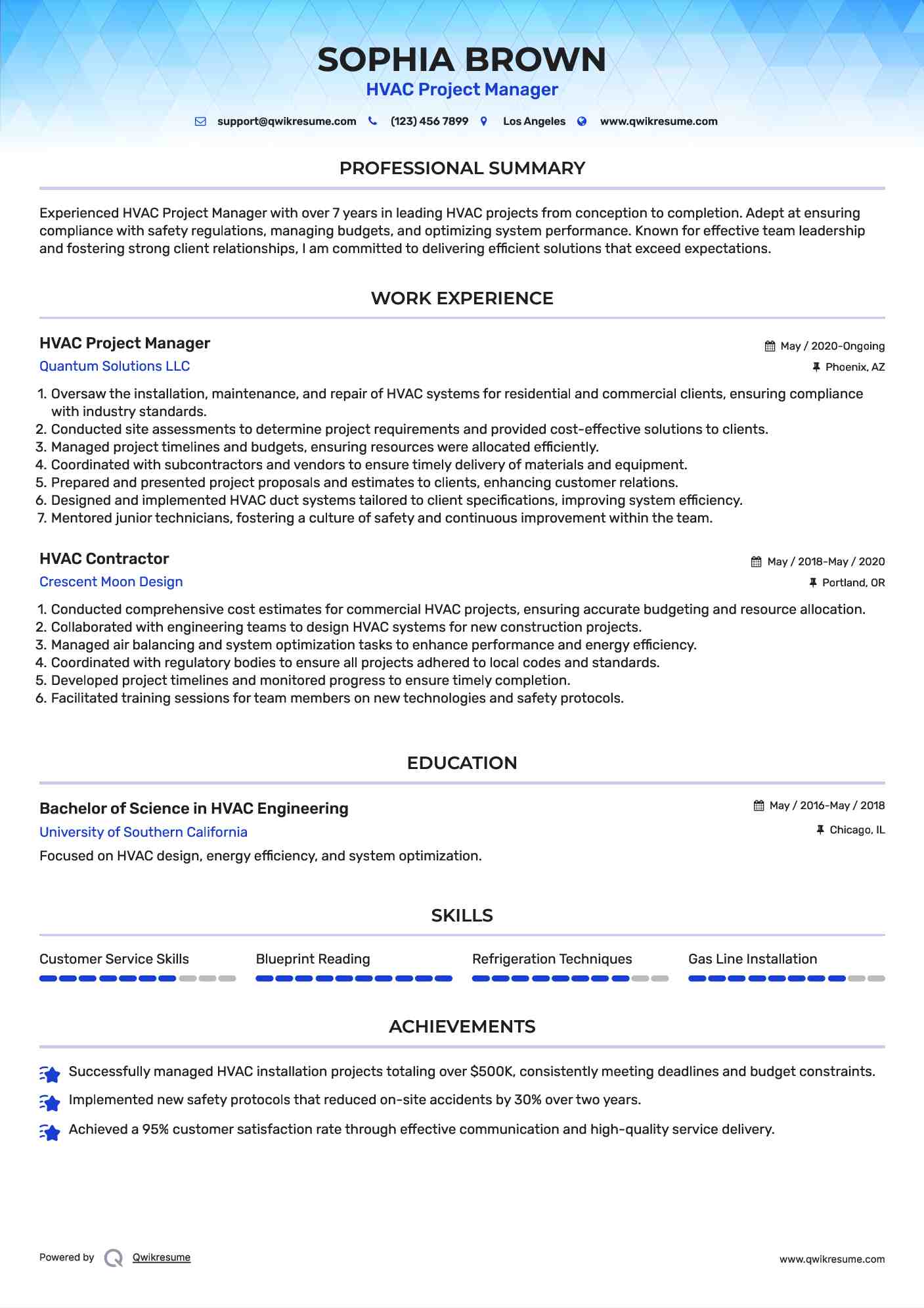 HVAC Project Manager Resume Sample