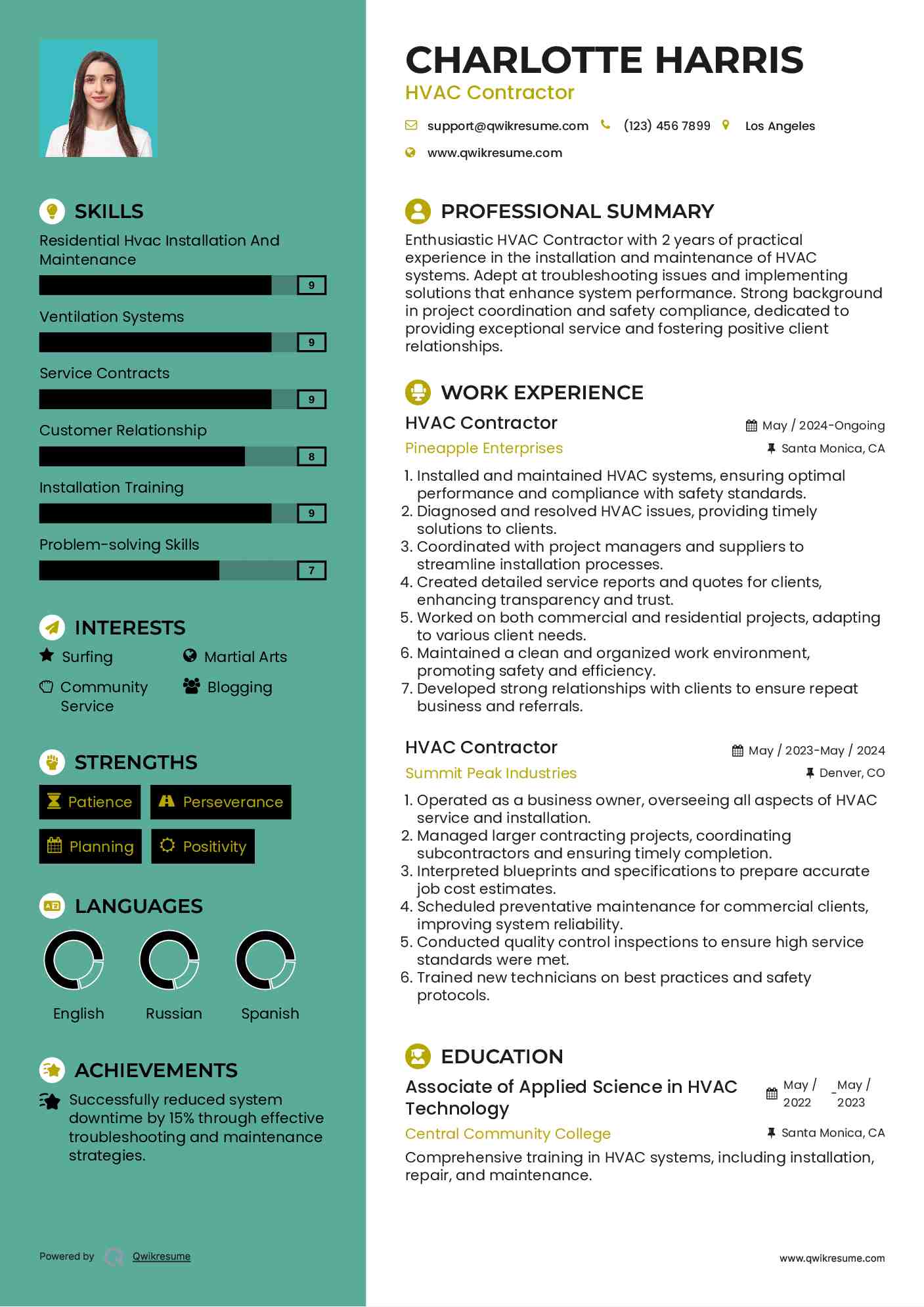 HVAC Contractor Resume Example