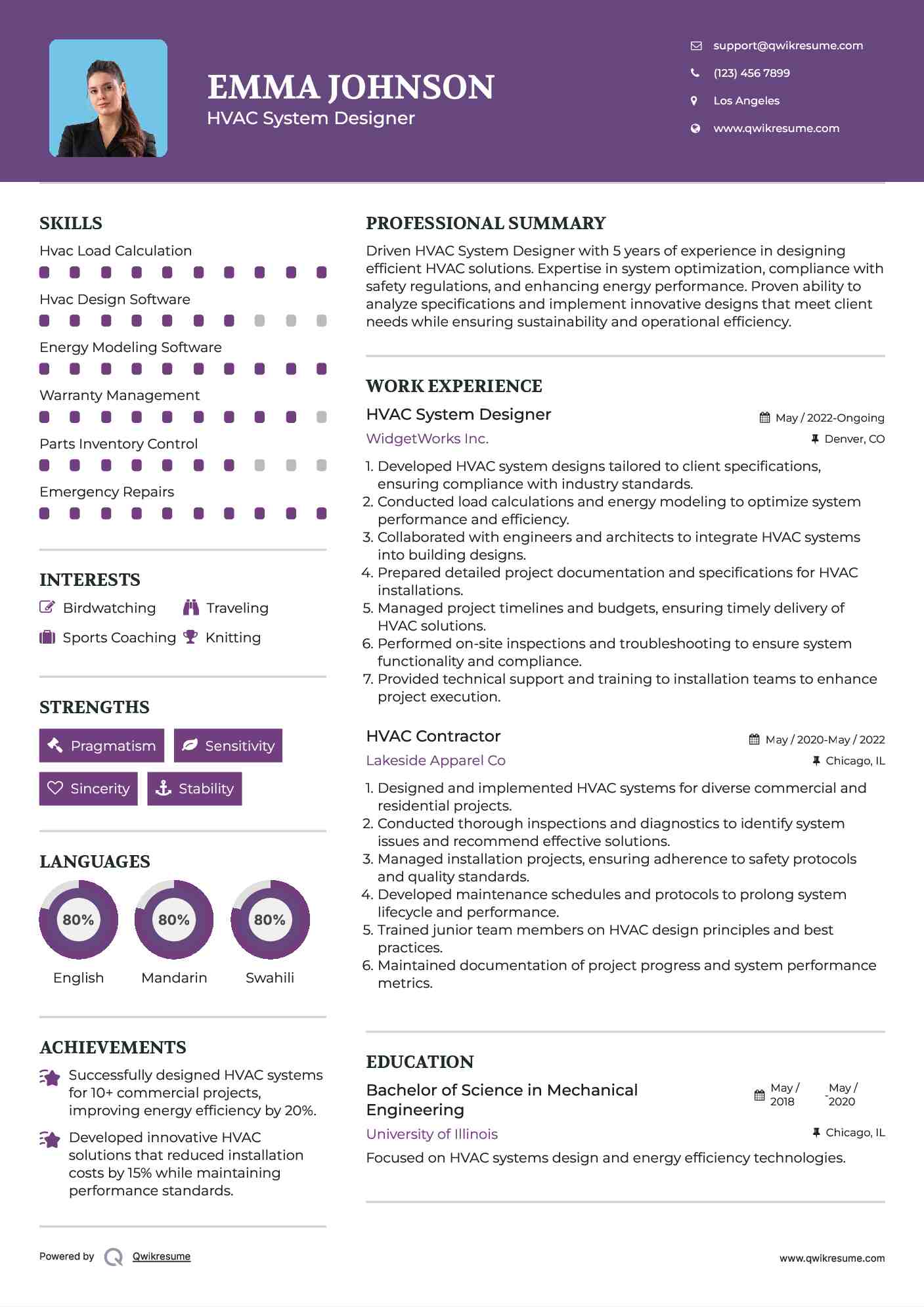 HVAC System Designer Resume Example