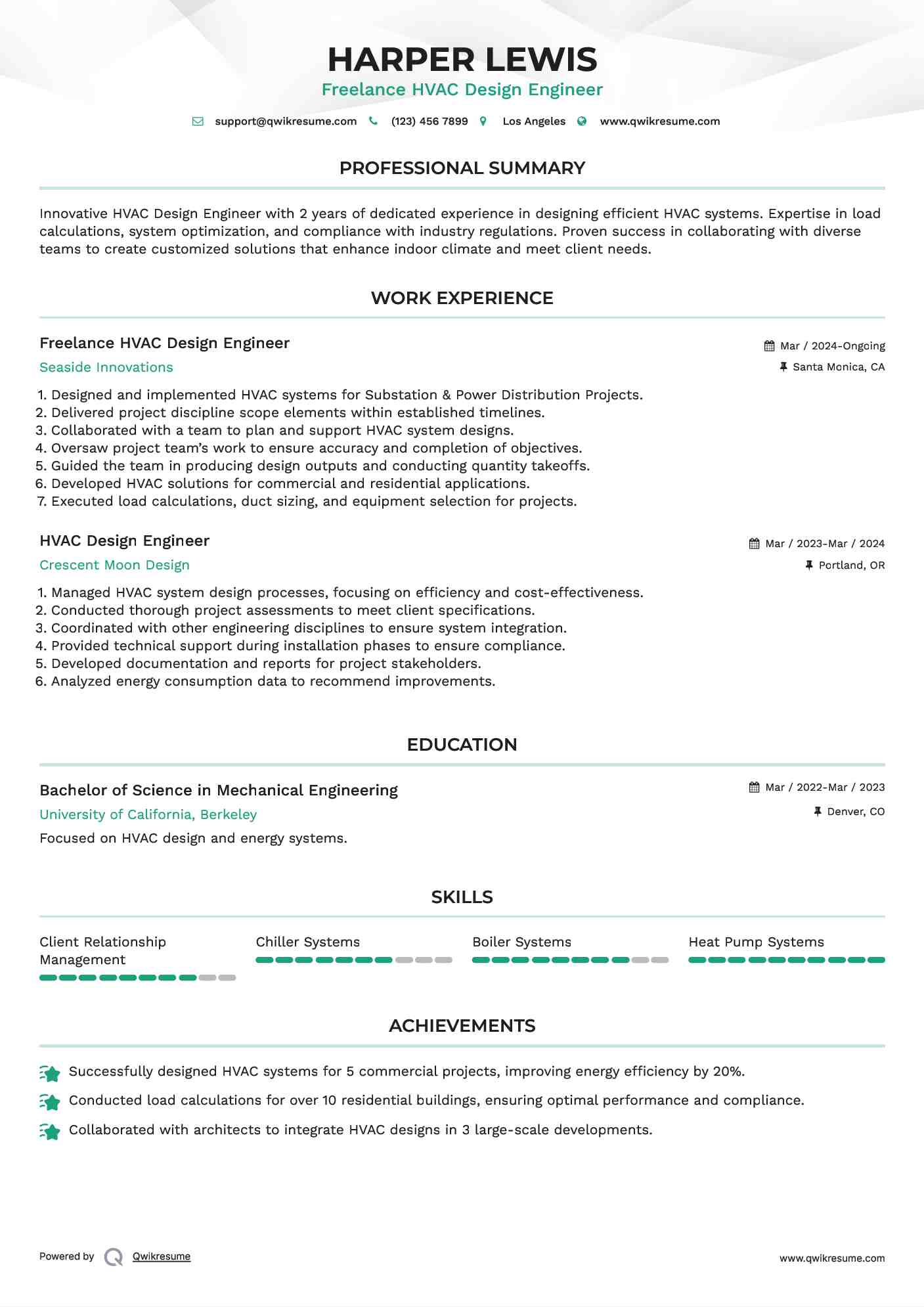 Freelance HVAC Design Engineer Resume Example