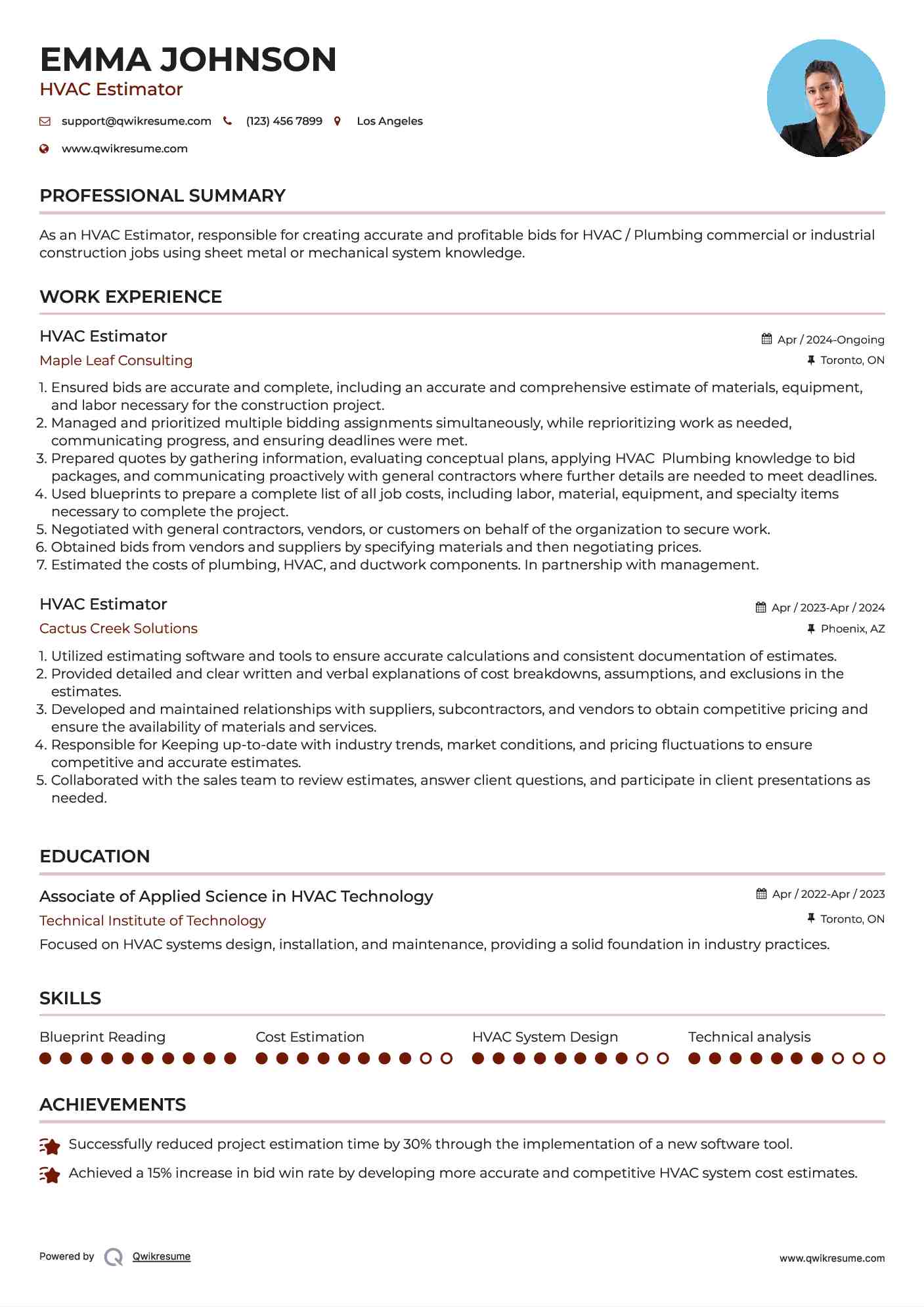 HVAC Estimator Resume Model