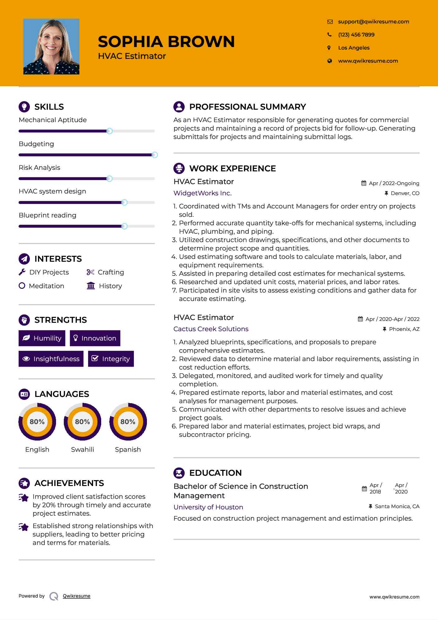 HVAC Estimator Resume Example