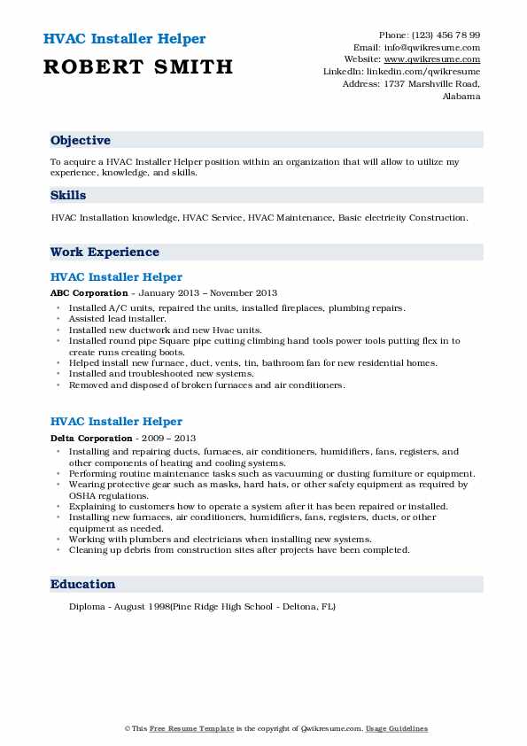 HVAC Installer Helper Resume Samples QwikResume