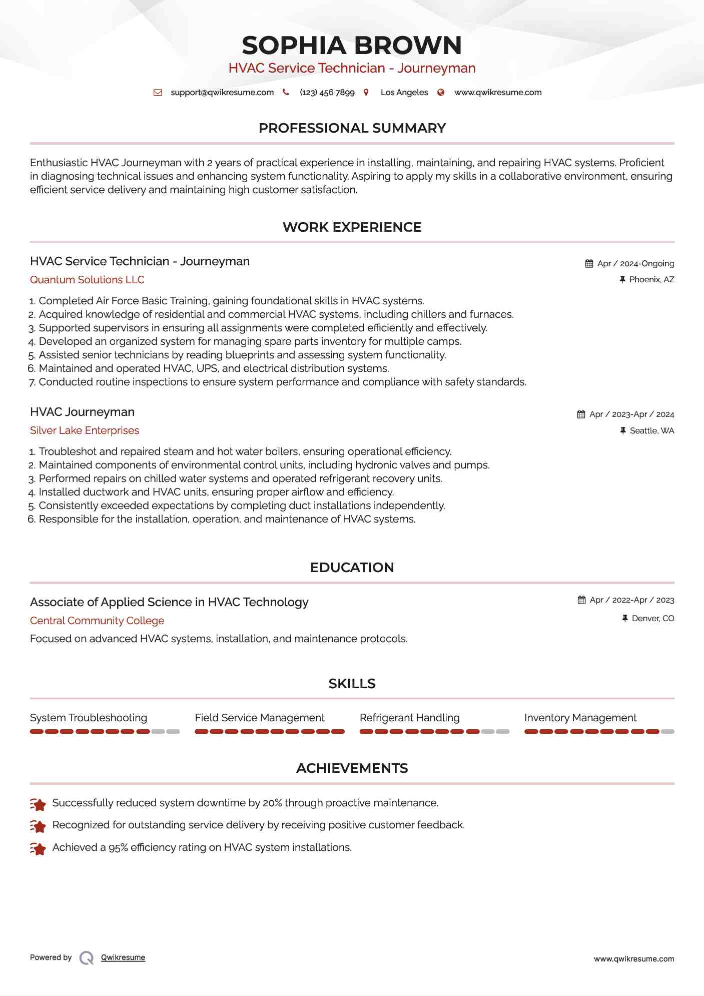 HVAC Service Technician - Journeyman Resume Template