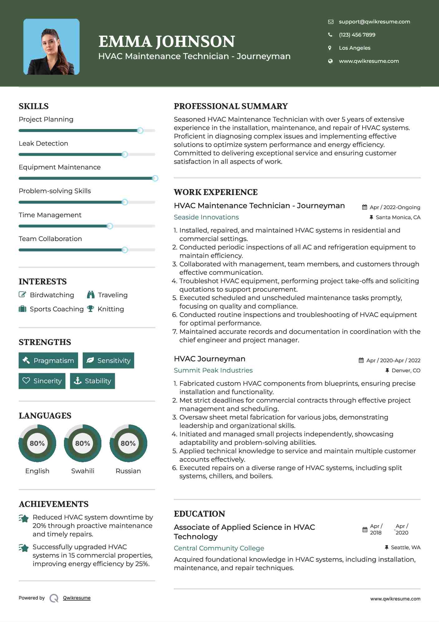 HVAC Maintenance Technician - Journeyman Resume Sample