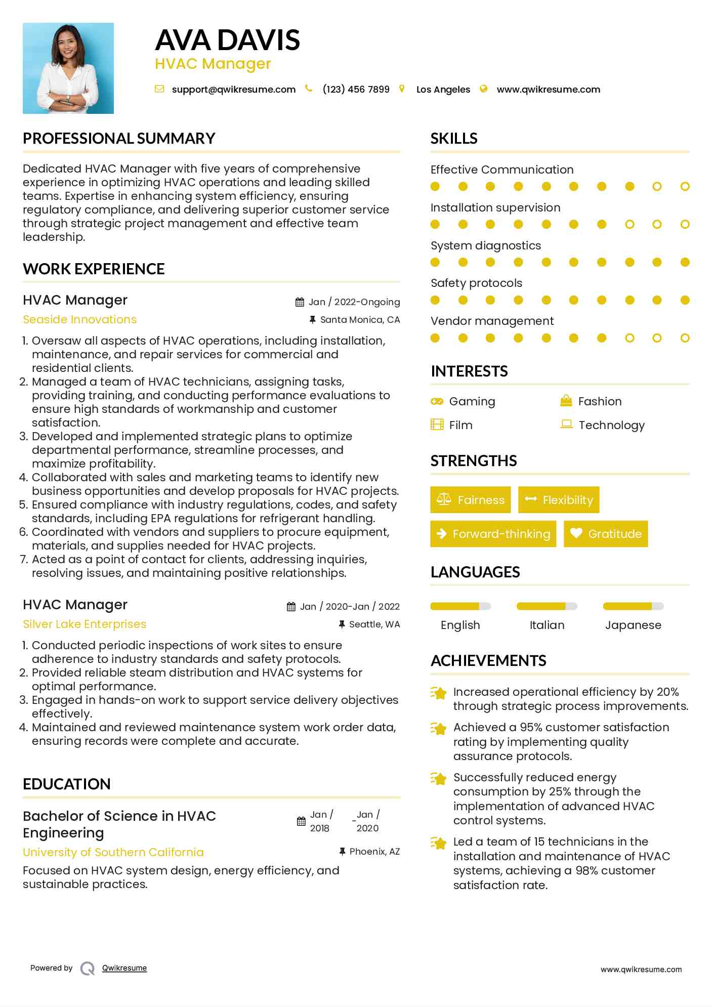 HVAC Manager Resume Sample