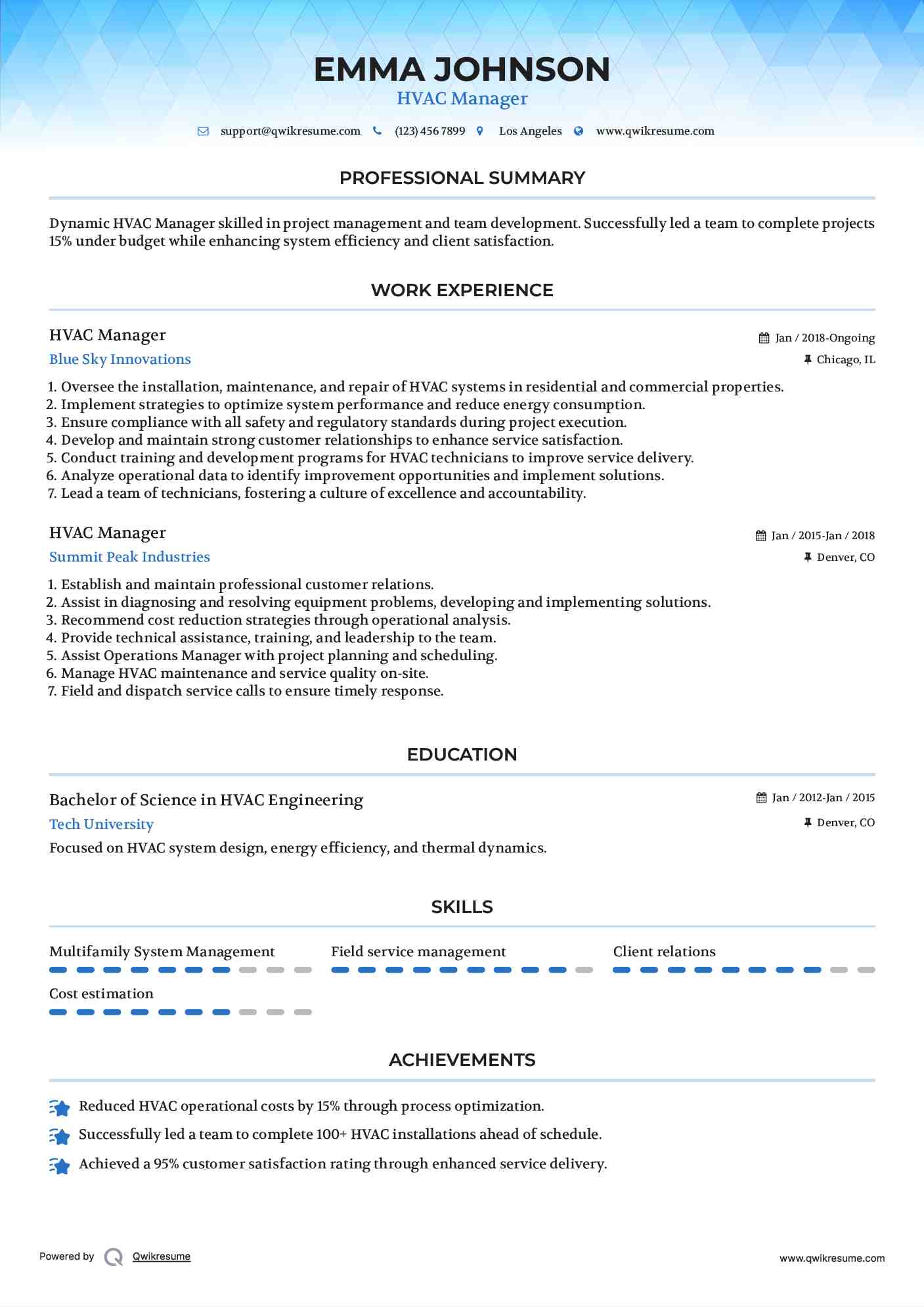 HVAC Manager Resume Model