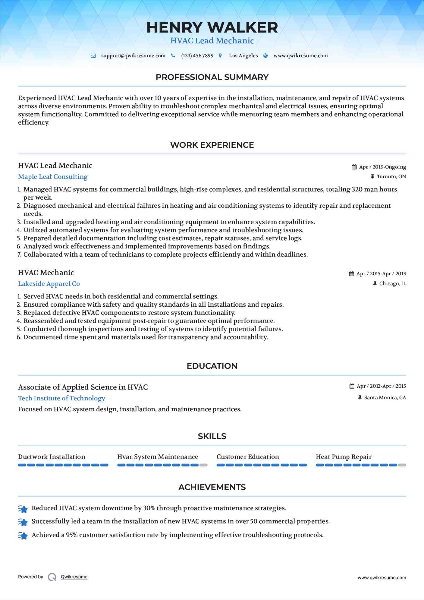 HVAC Lead Mechanic Resume Template