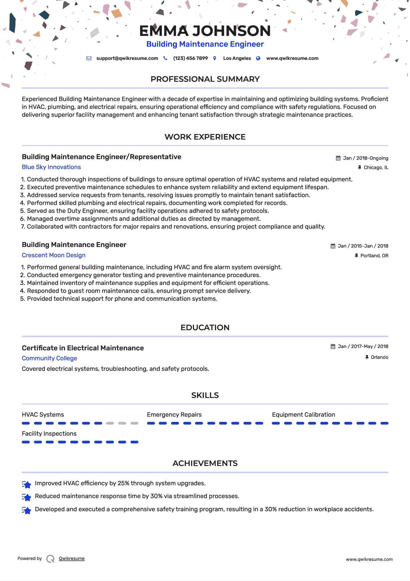 Building Maintenance Engineer/Representative Resume Sample