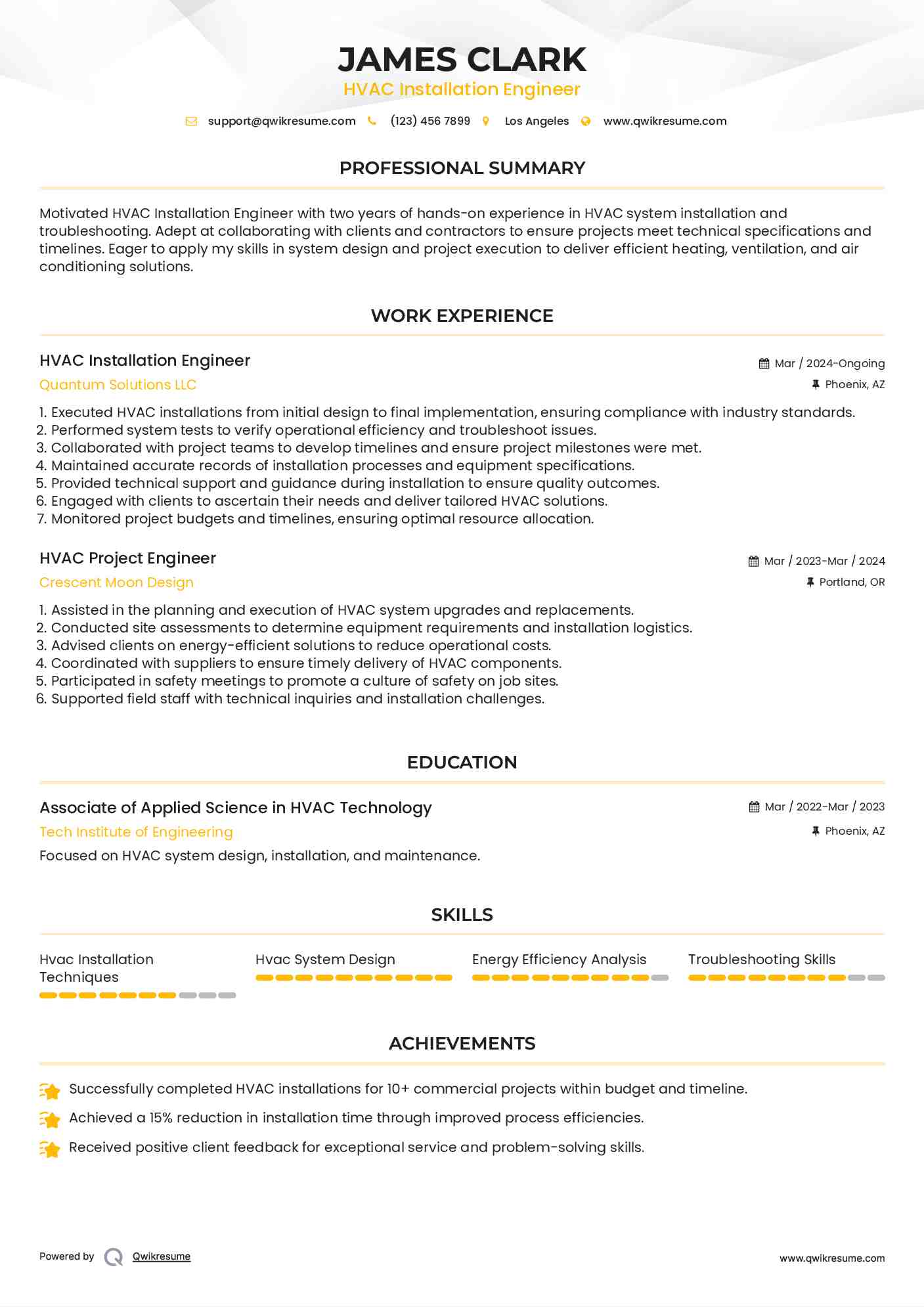 HVAC Installation Engineer Resume Format