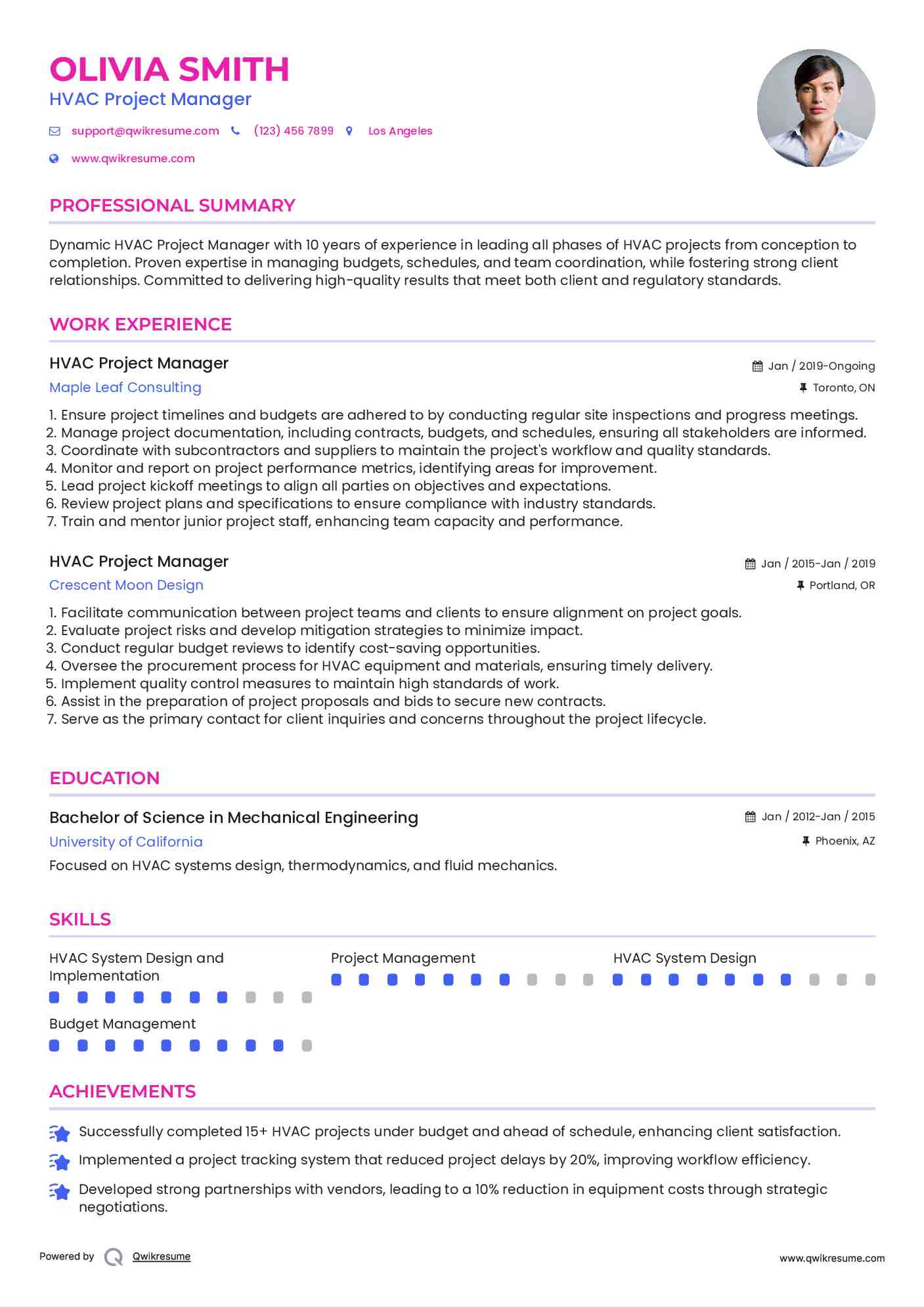 HVAC Project Manager Resume Model