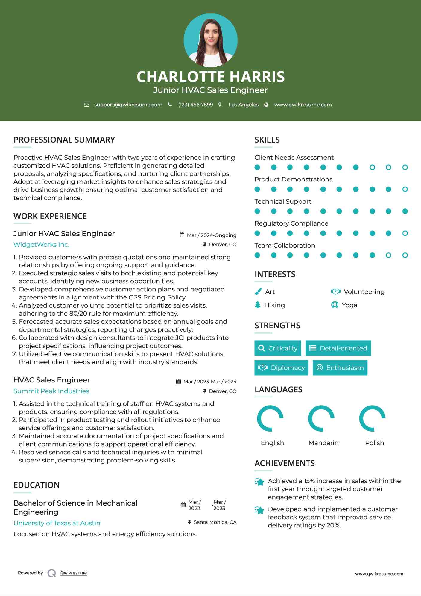 Junior HVAC Sales Engineer Resume Model