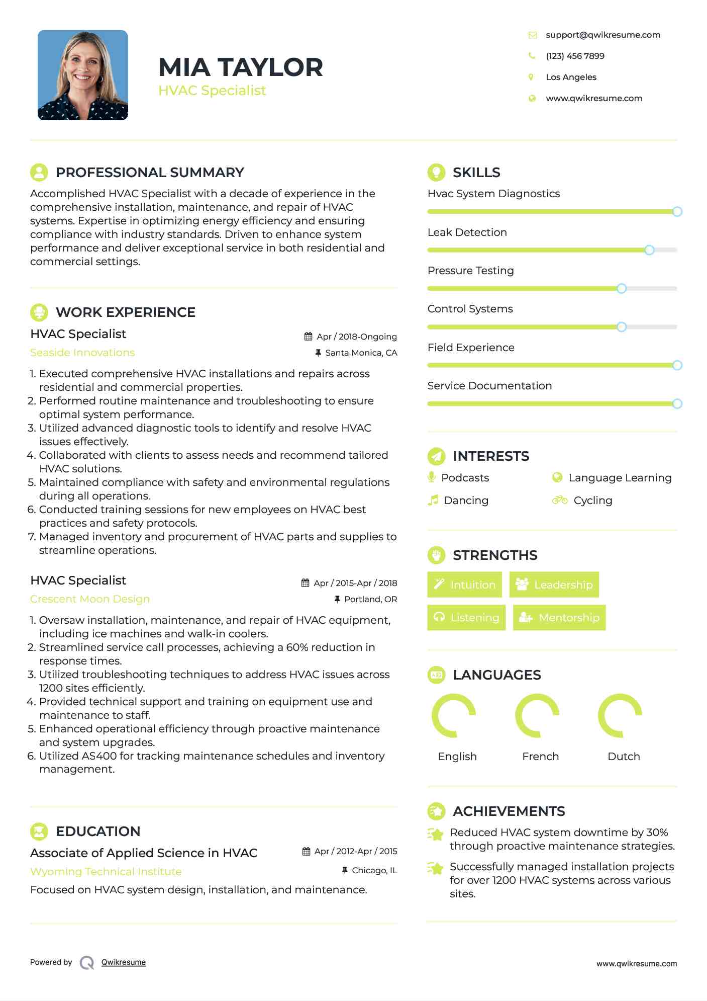 HVAC Specialist Resume Example