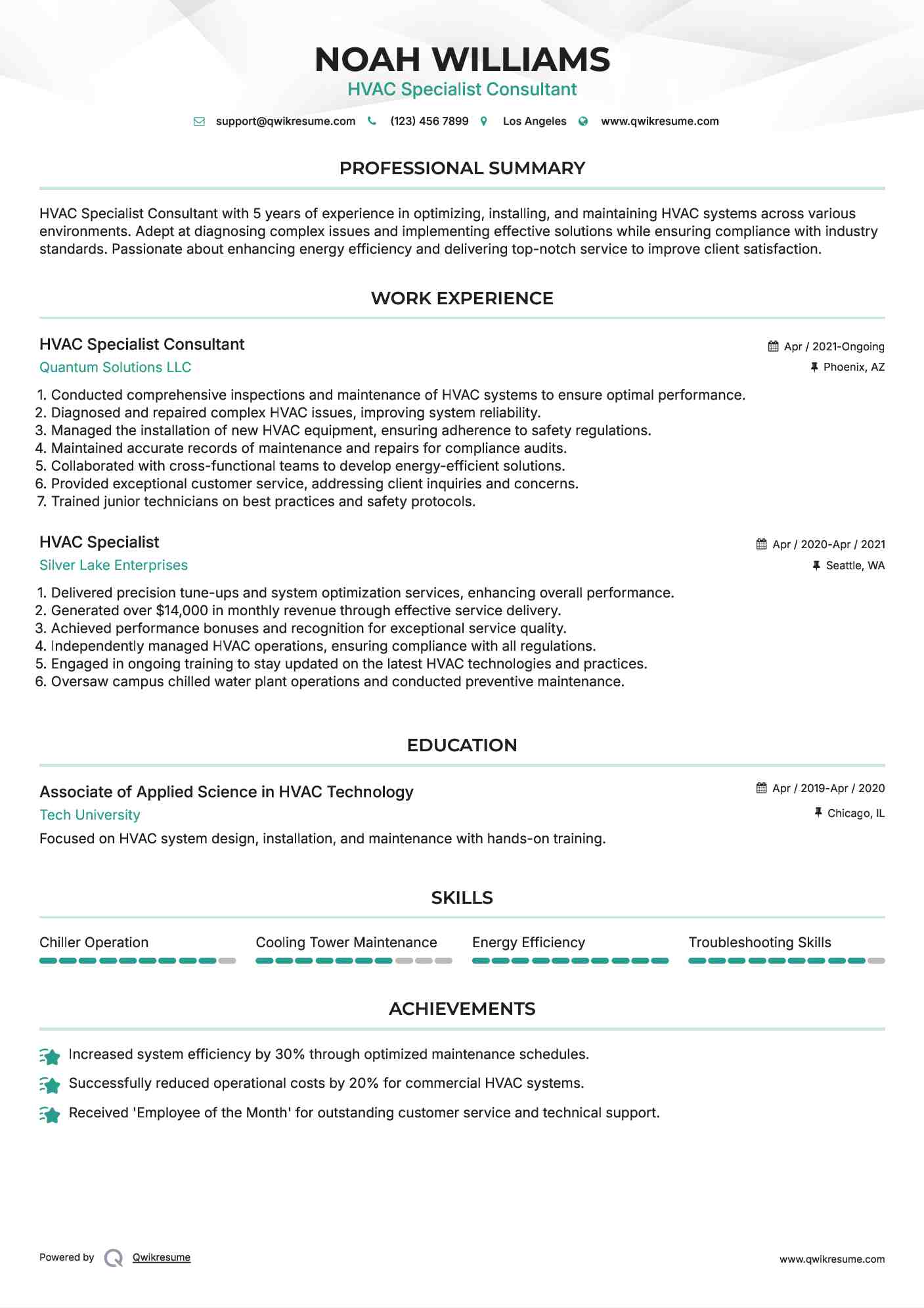 HVAC Specialist Consultant Resume Example