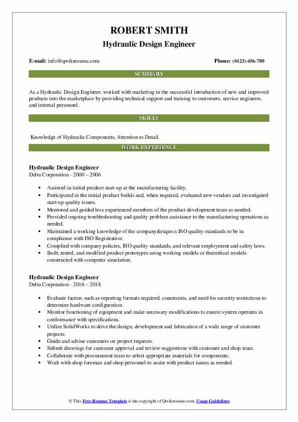 Hydraulic Design Engineer Resume Samples QwikResume