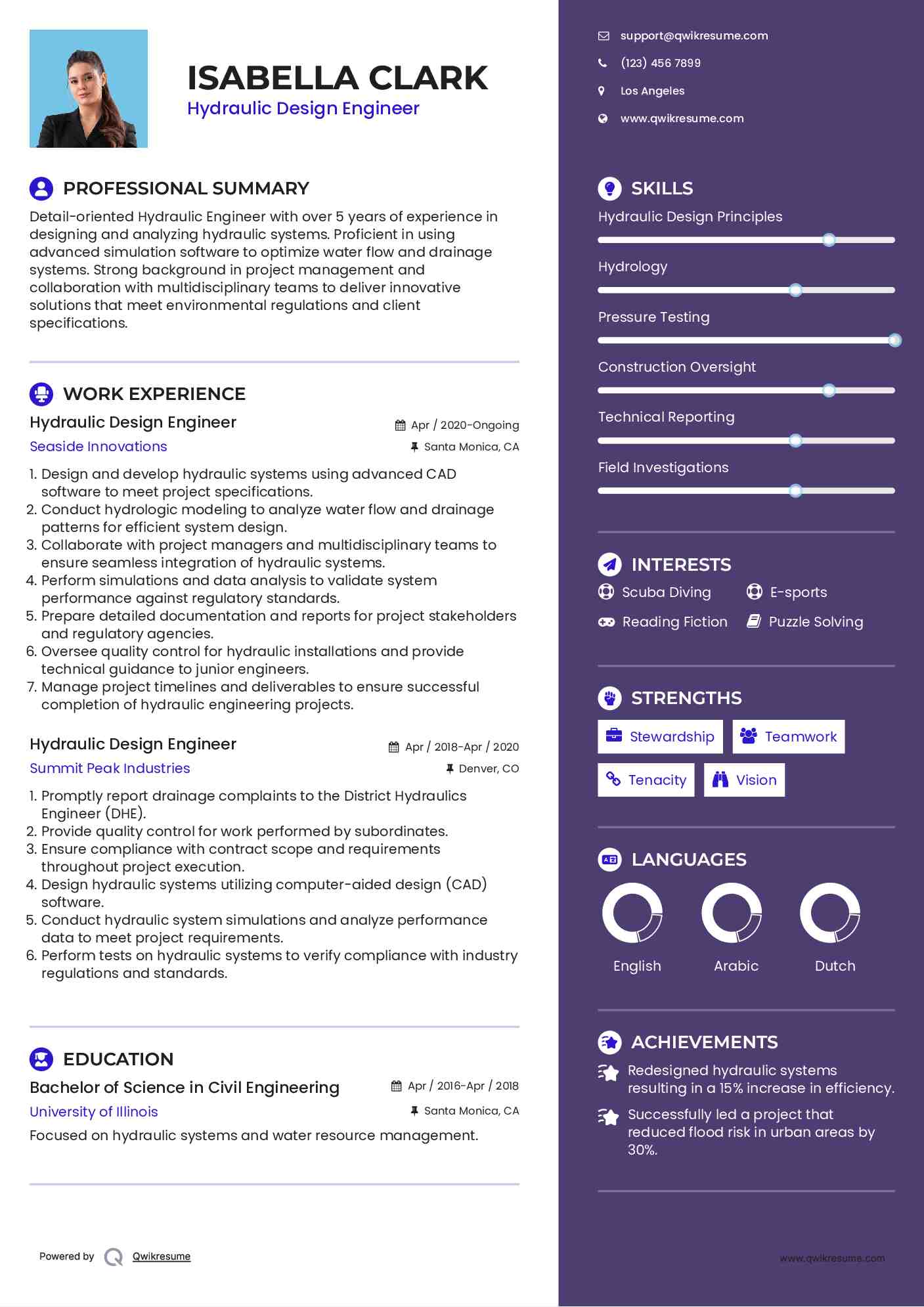 Hydraulic Design Engineer Resume Example