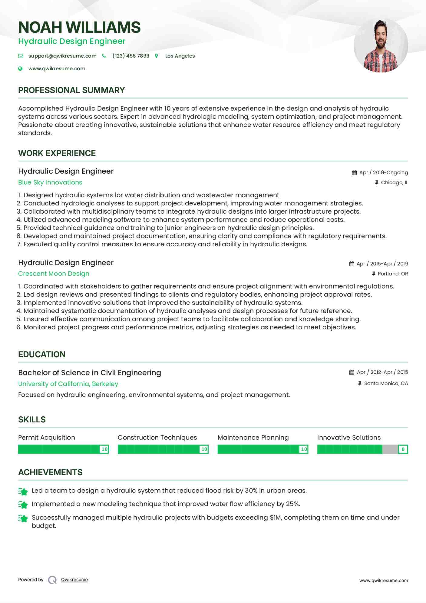 Hydraulic Design Engineer Resume Example