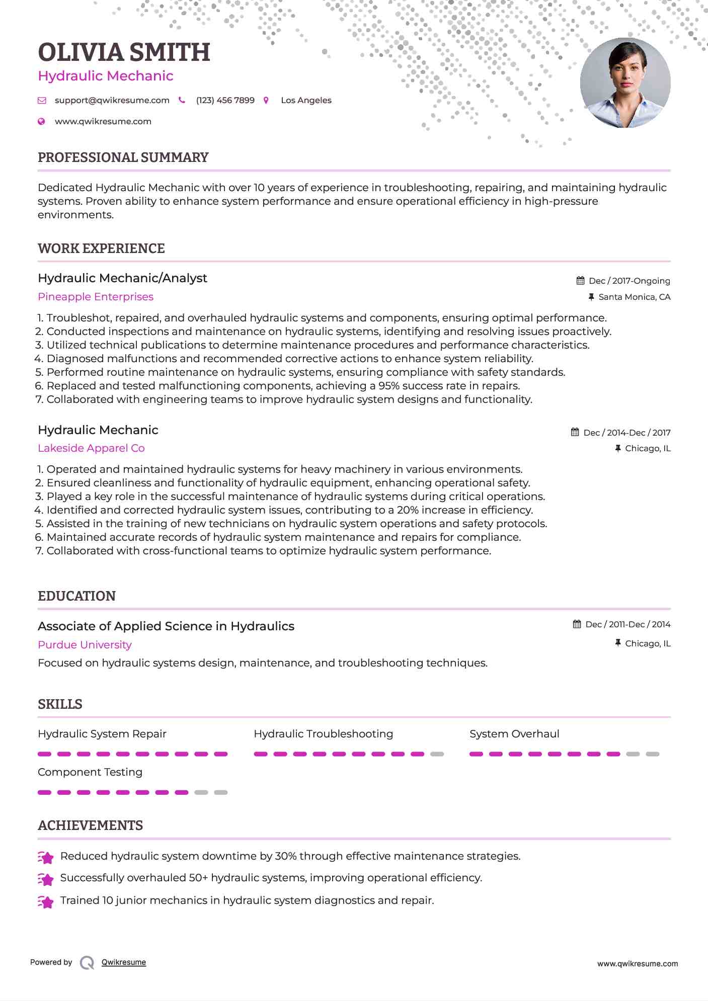 Hydraulic Mechanic/Analyst Resume Sample