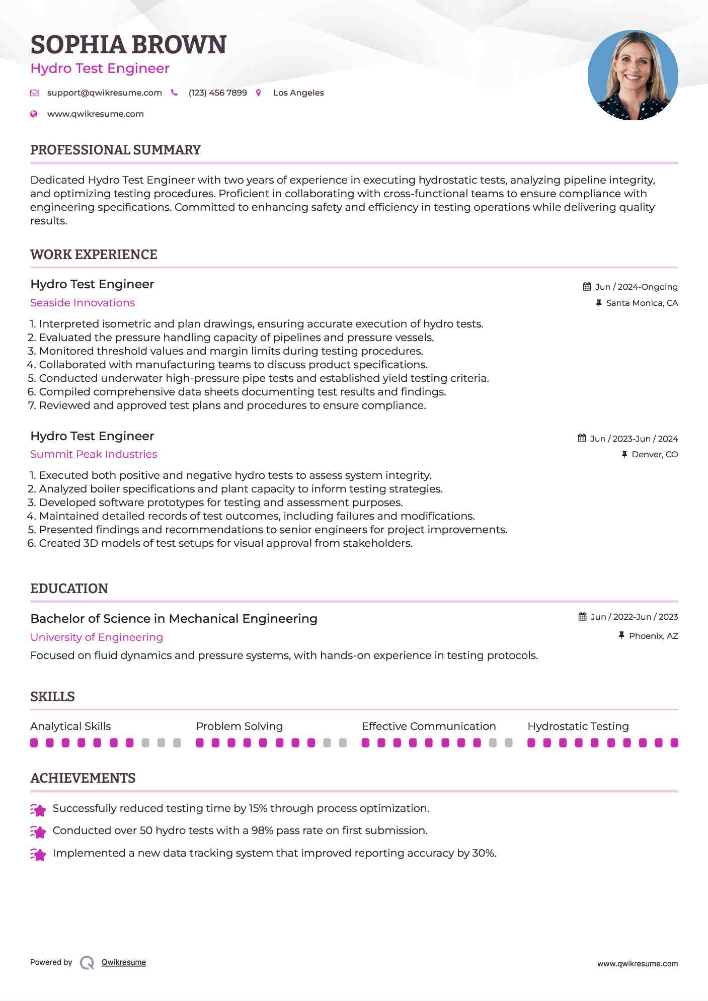 Hydro Test Engineer Resume Model