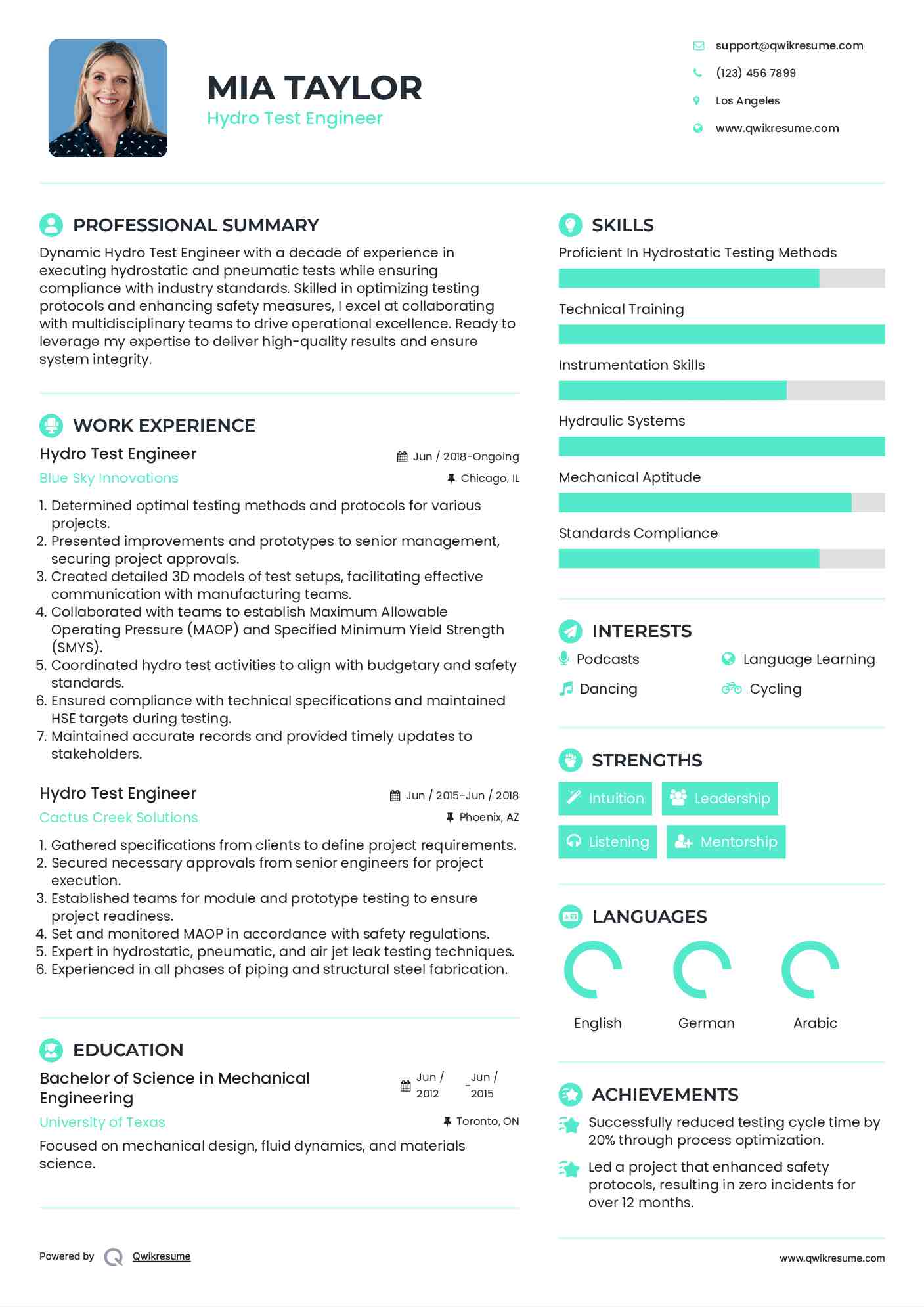 Hydro Test Engineer Resume Template