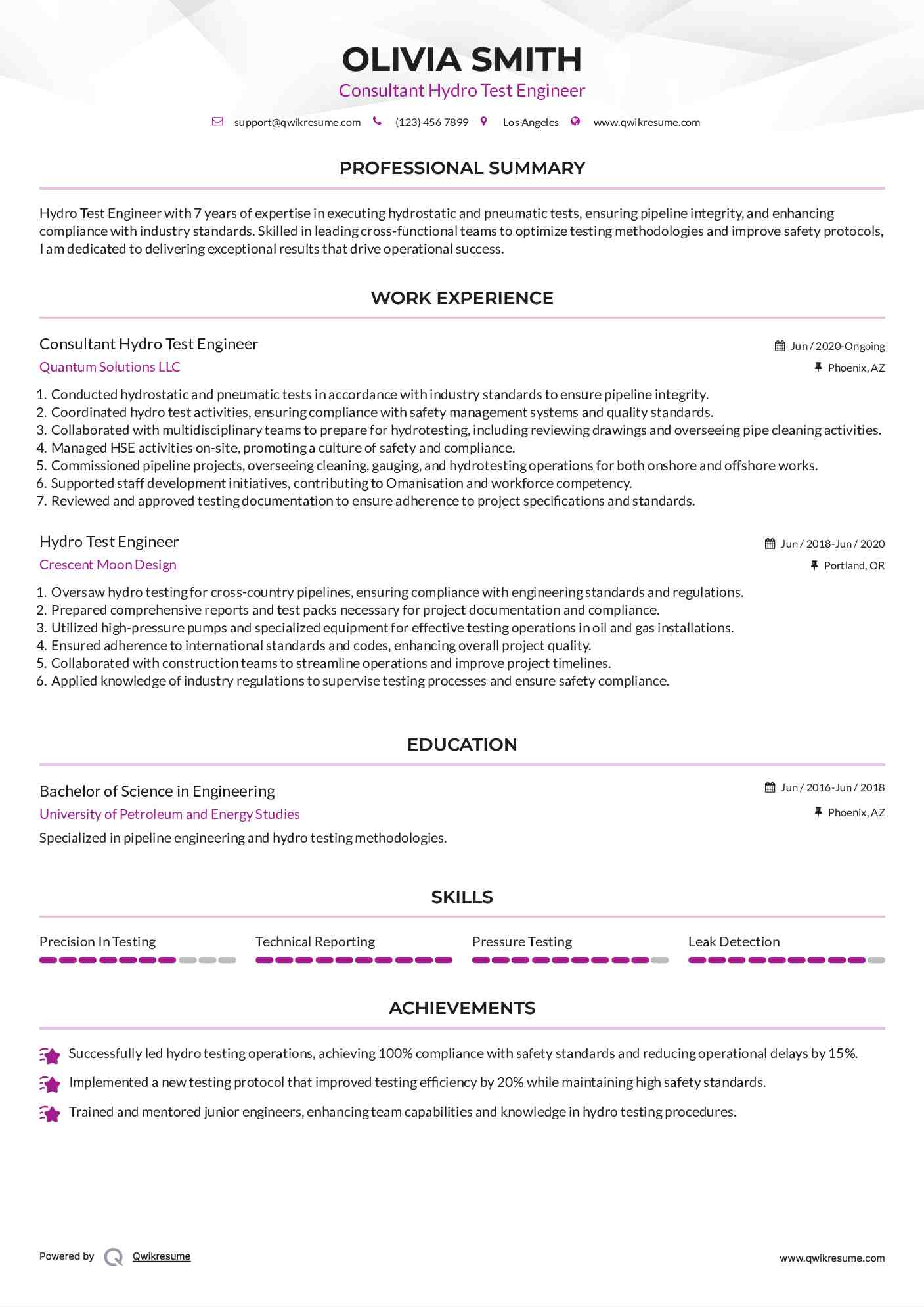 Consultant Hydro Test Engineer Resume Model