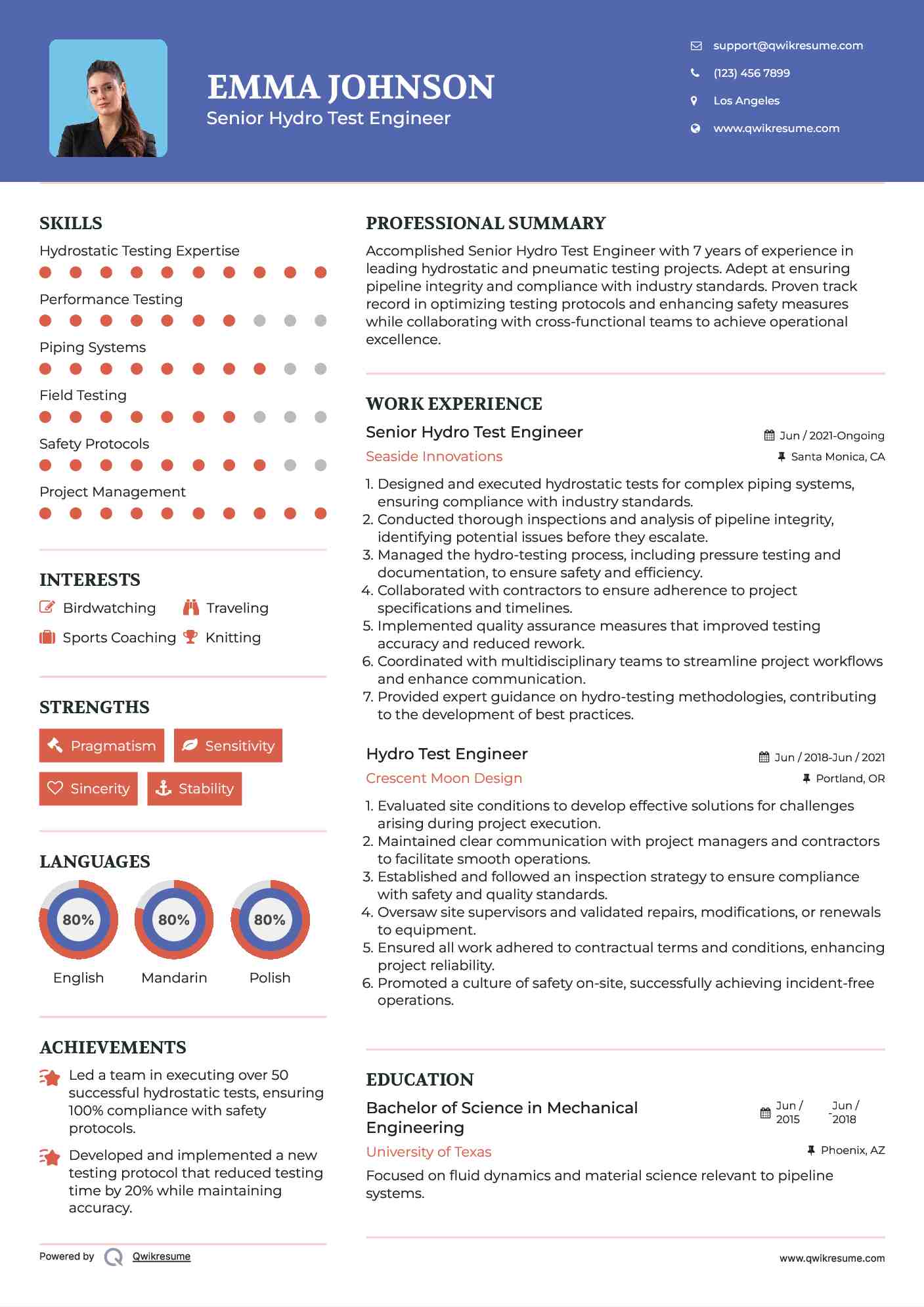 Senior Hydro Test Engineer Resume Example