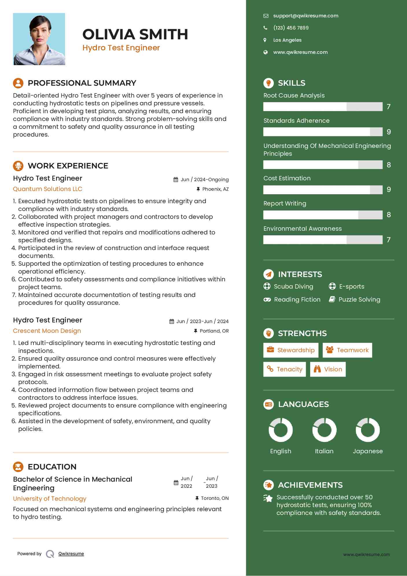 Hydro Test Engineer Resume Sample